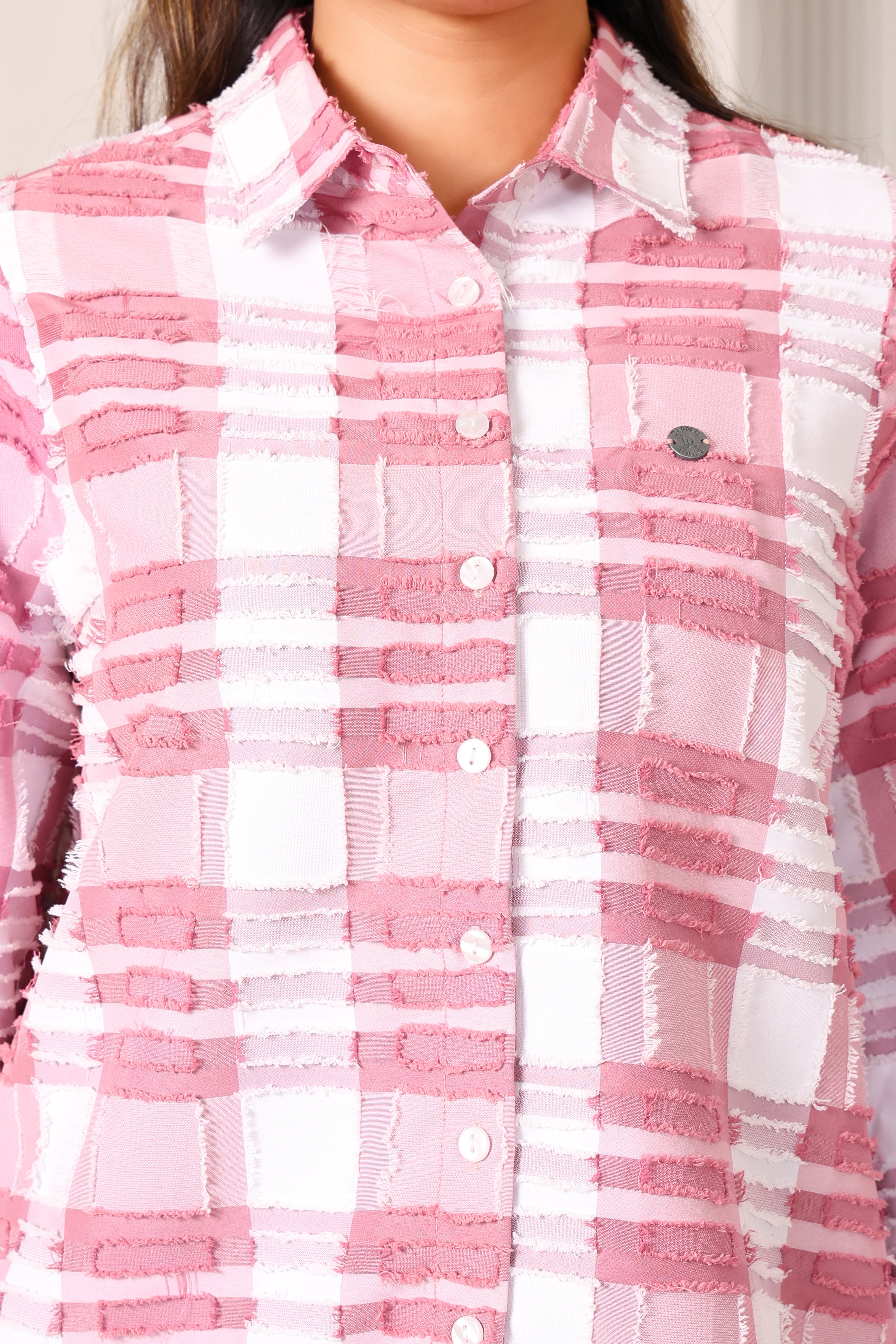 White & Pink Checkered Flared Shirt- Multicolor