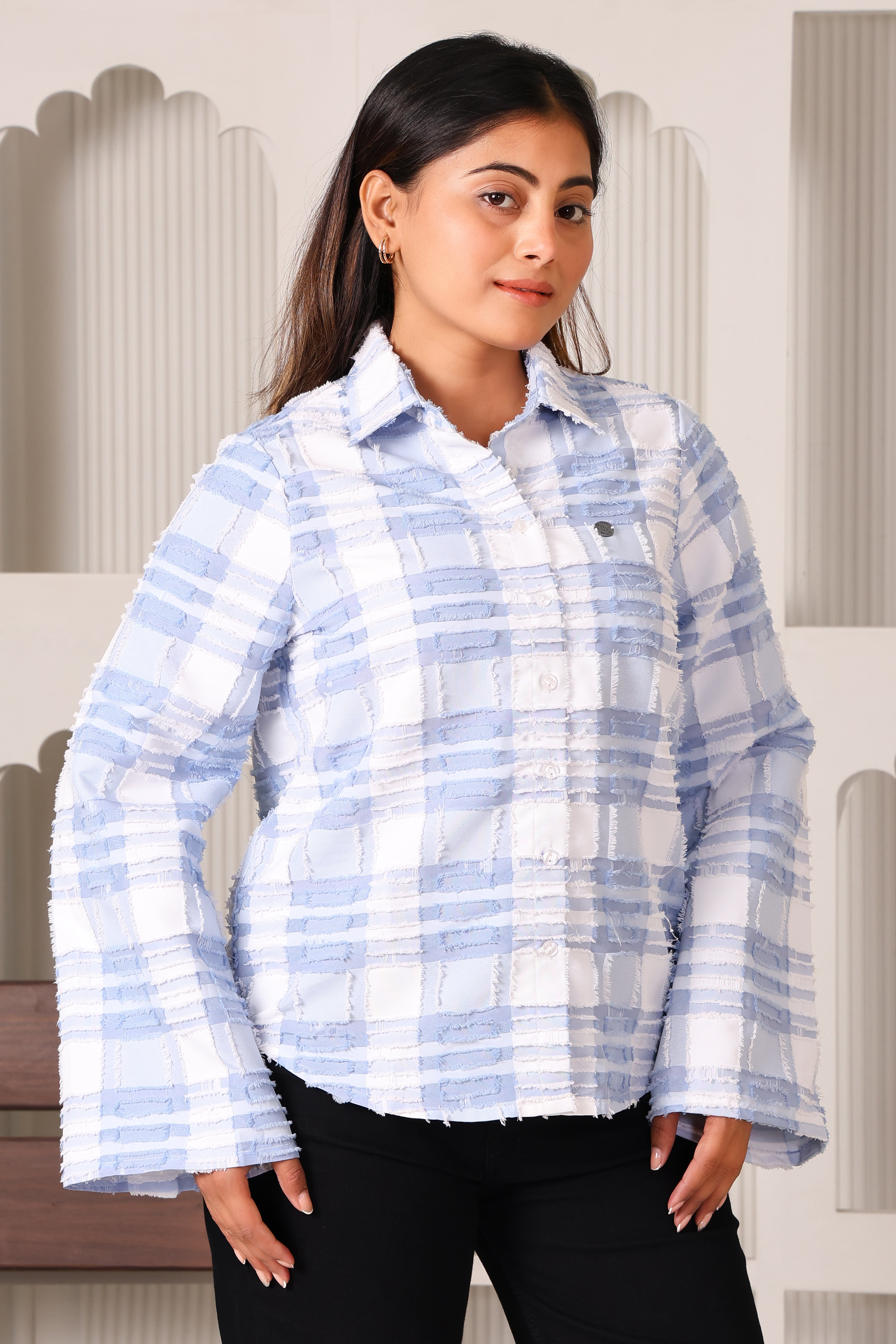 White & Blue Checkered Flared Sleeves Shirt- Multicolor