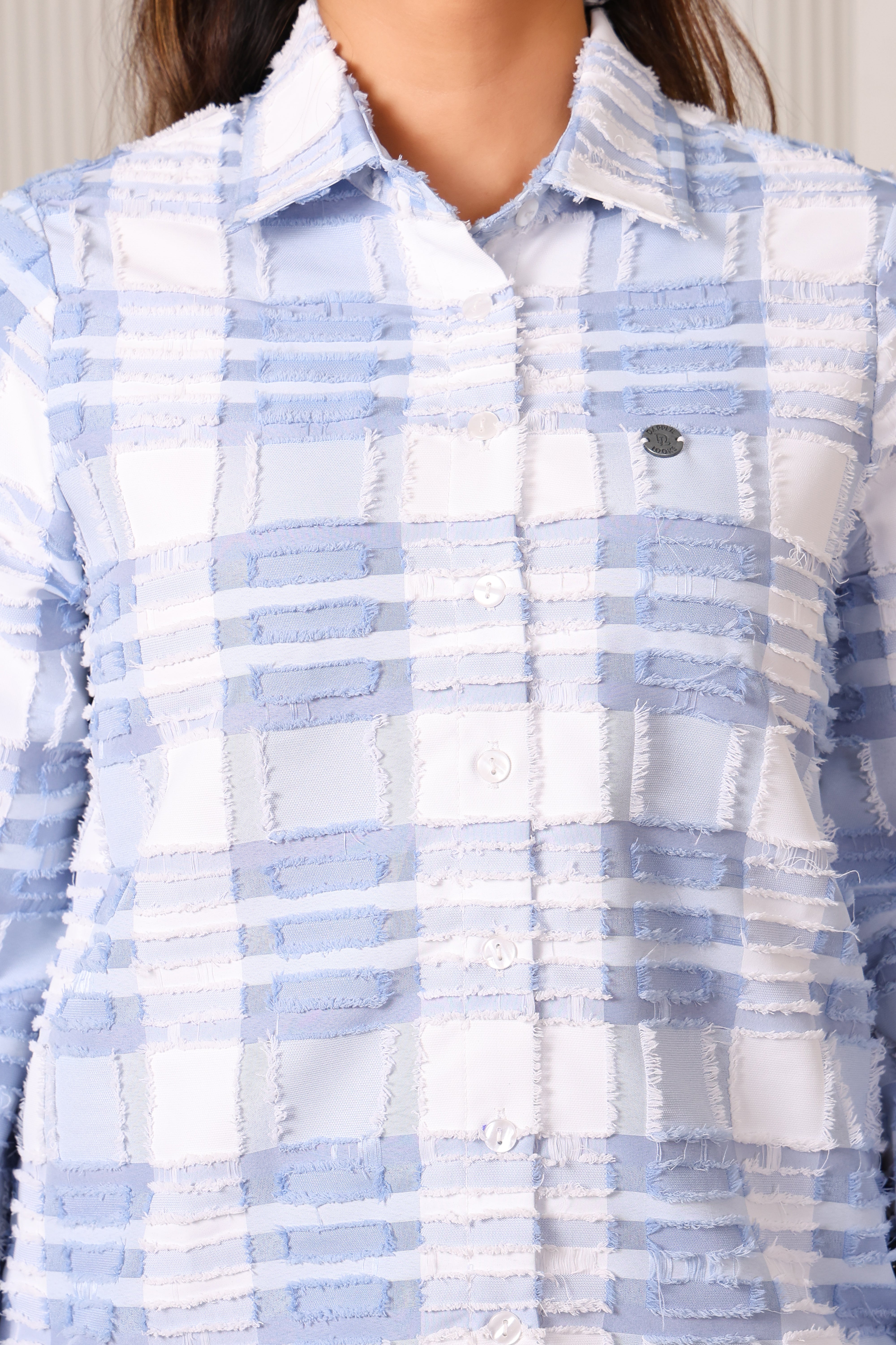 White & Blue Checkered Flared Sleeves Shirt- Multicolor