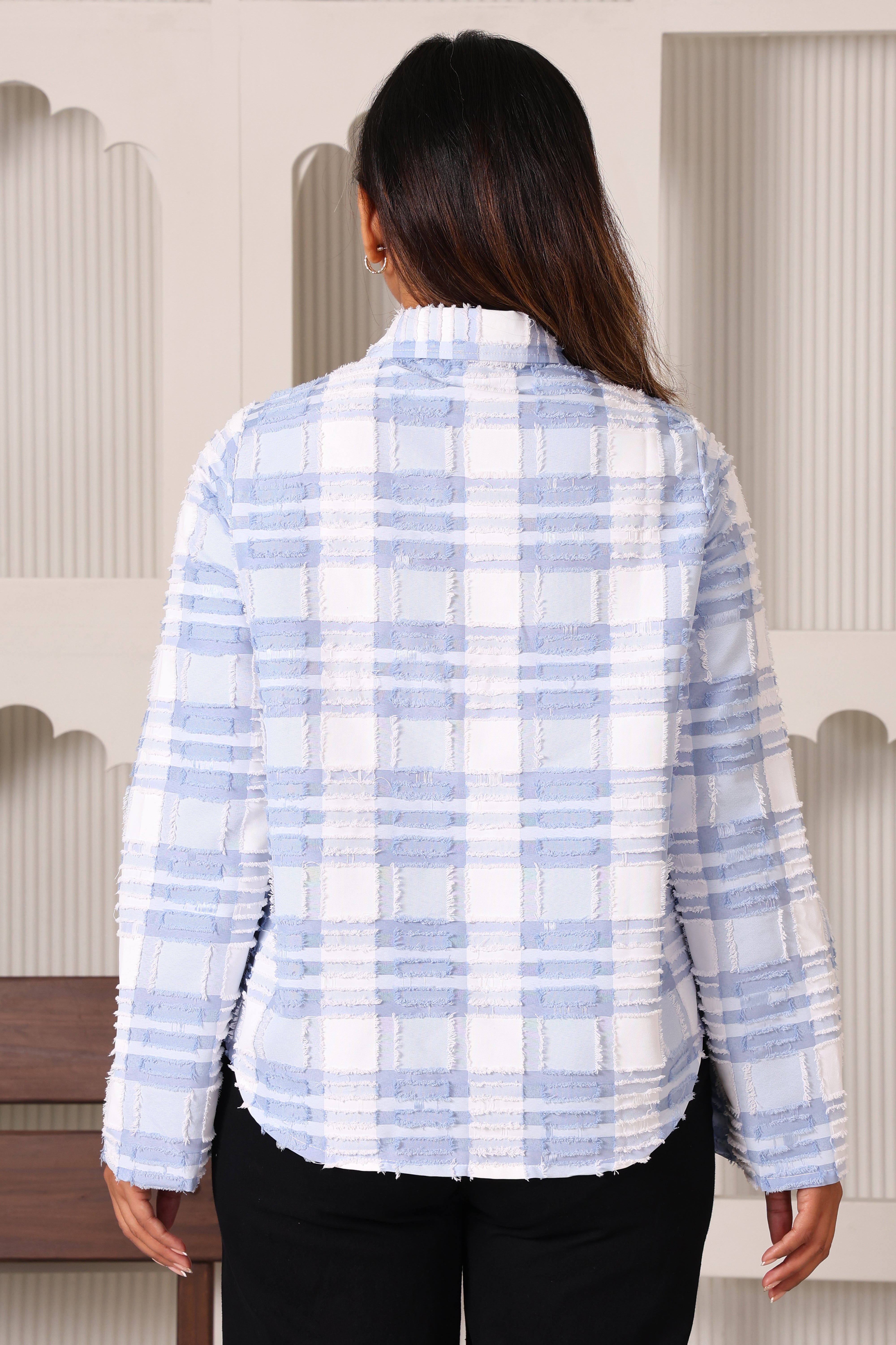 White & Blue Checkered Flared Sleeves Shirt- Multicolor