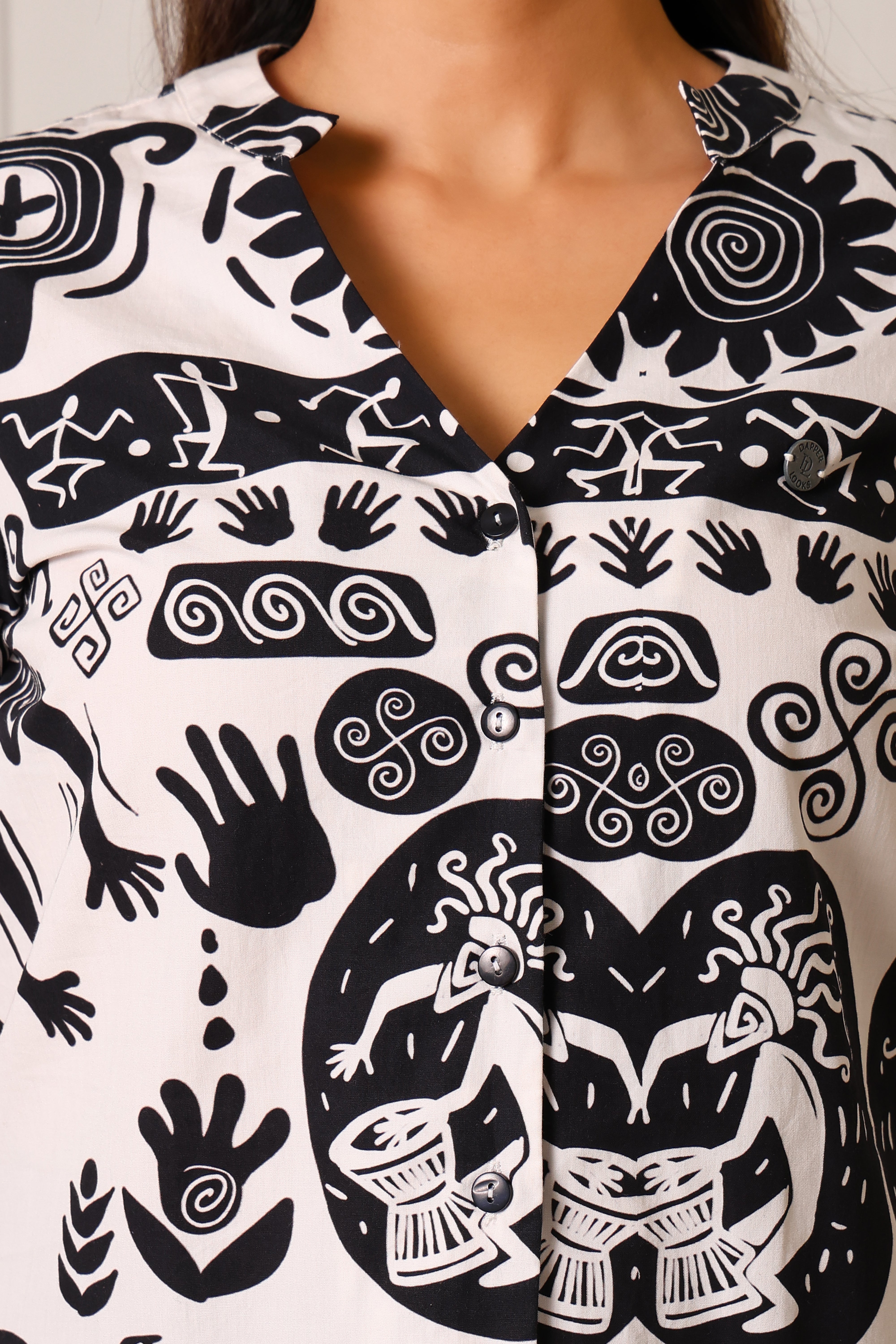 Women's Luxury 100% Cotton Monochrome Abstract Print Tunic Top