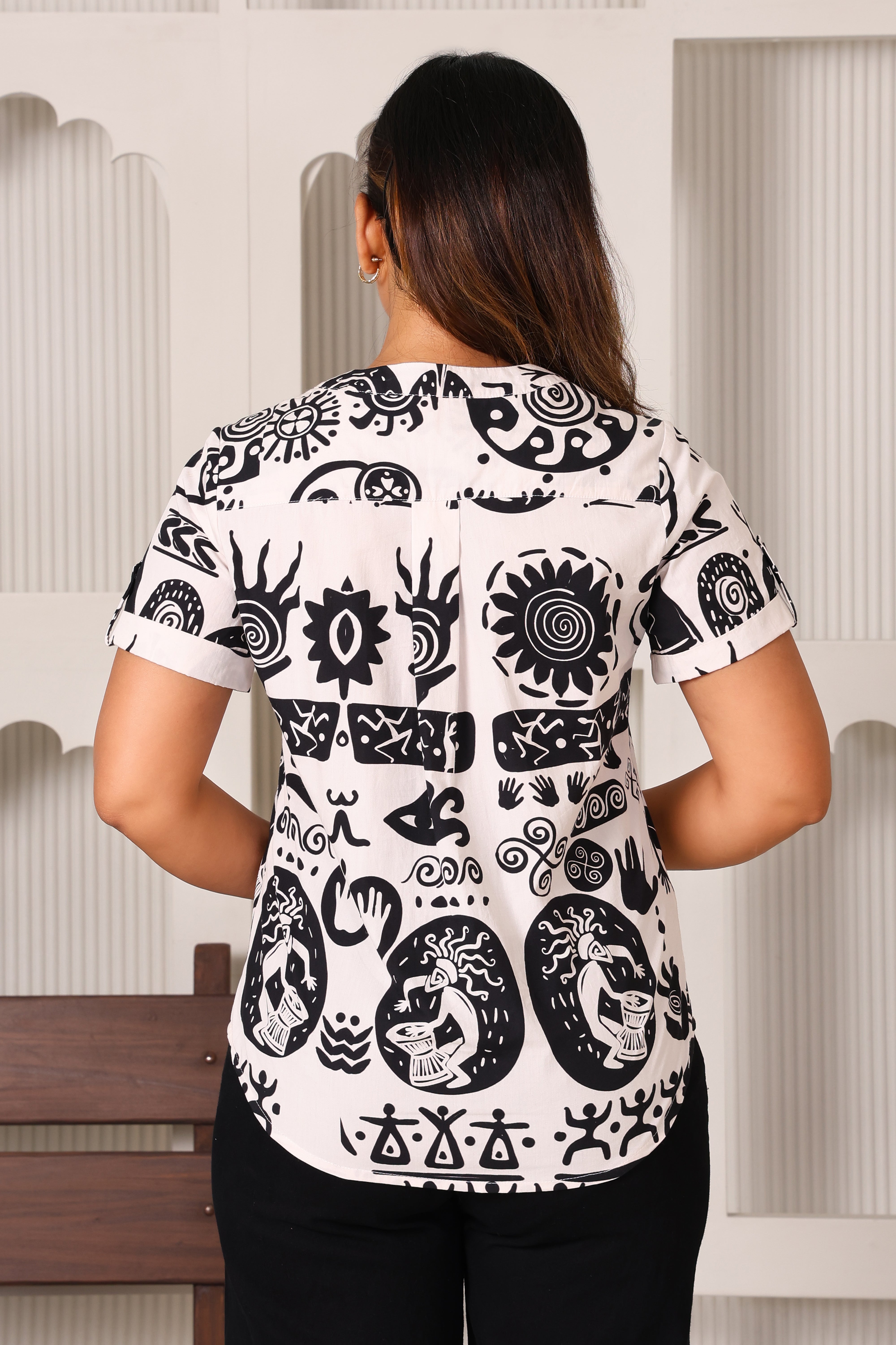 Women's Luxury 100% Cotton Monochrome Abstract Print Tunic Top