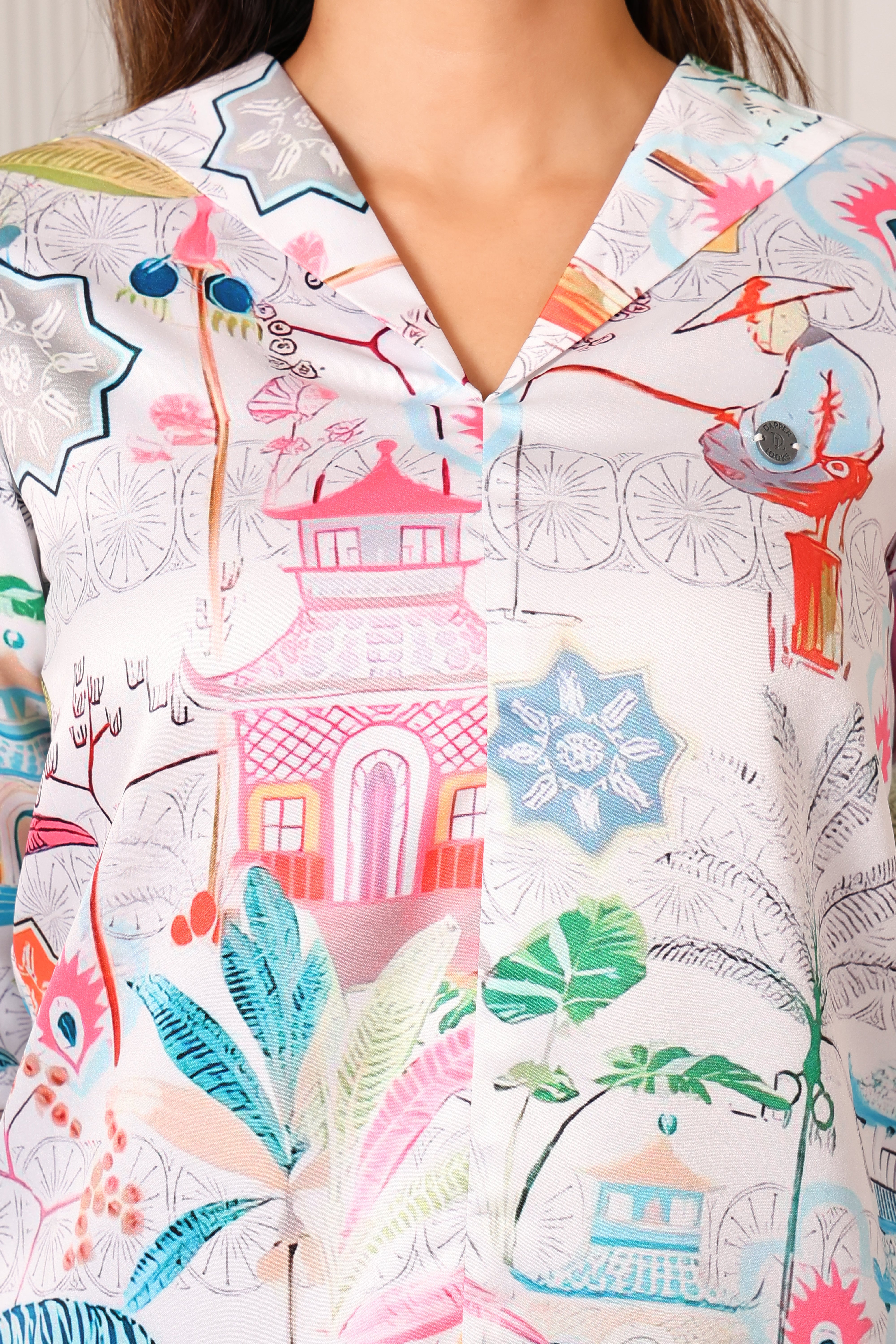 V-Neck With Wide Collar Stand- Printed Top