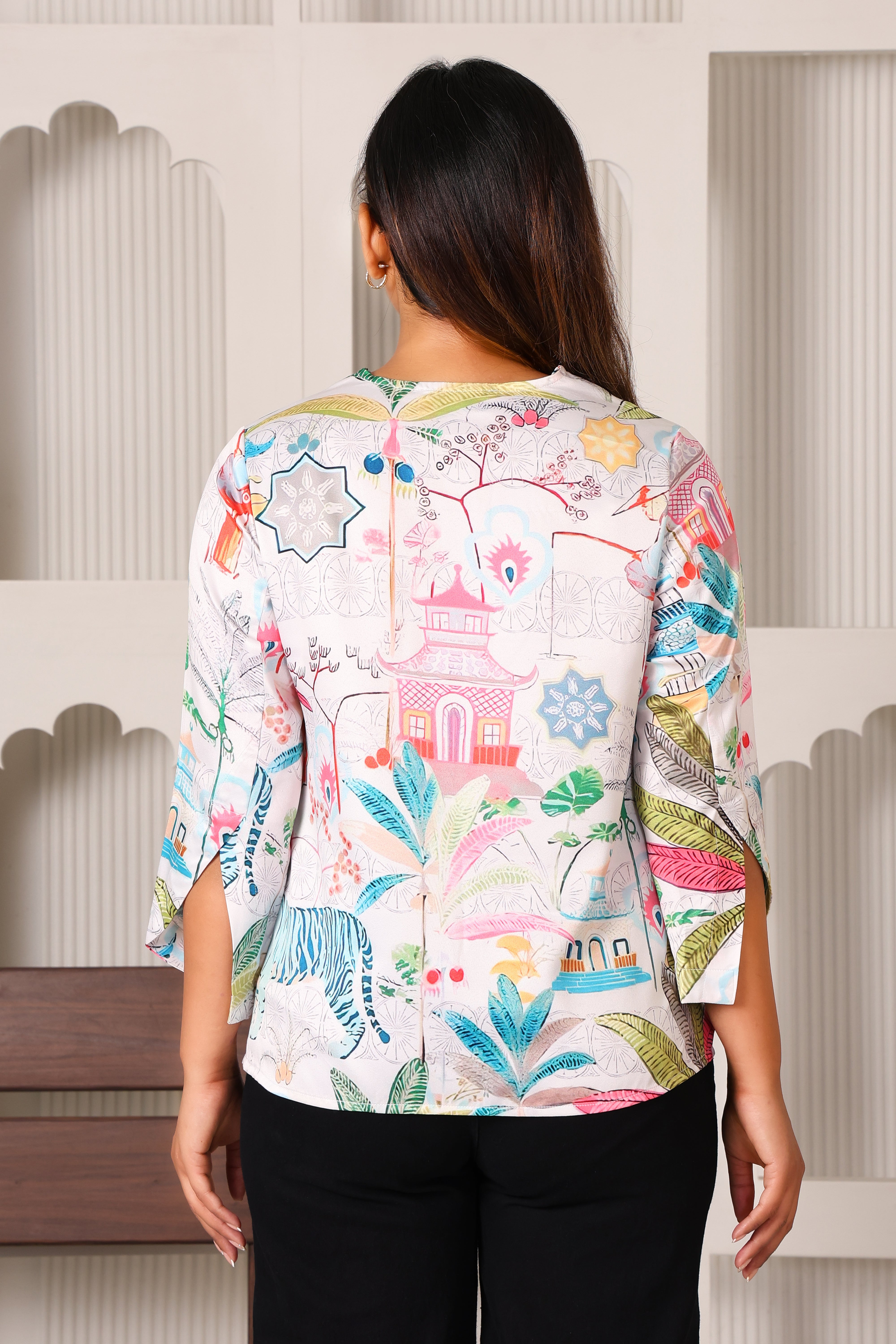 V-Neck With Wide Collar Stand- Printed Top