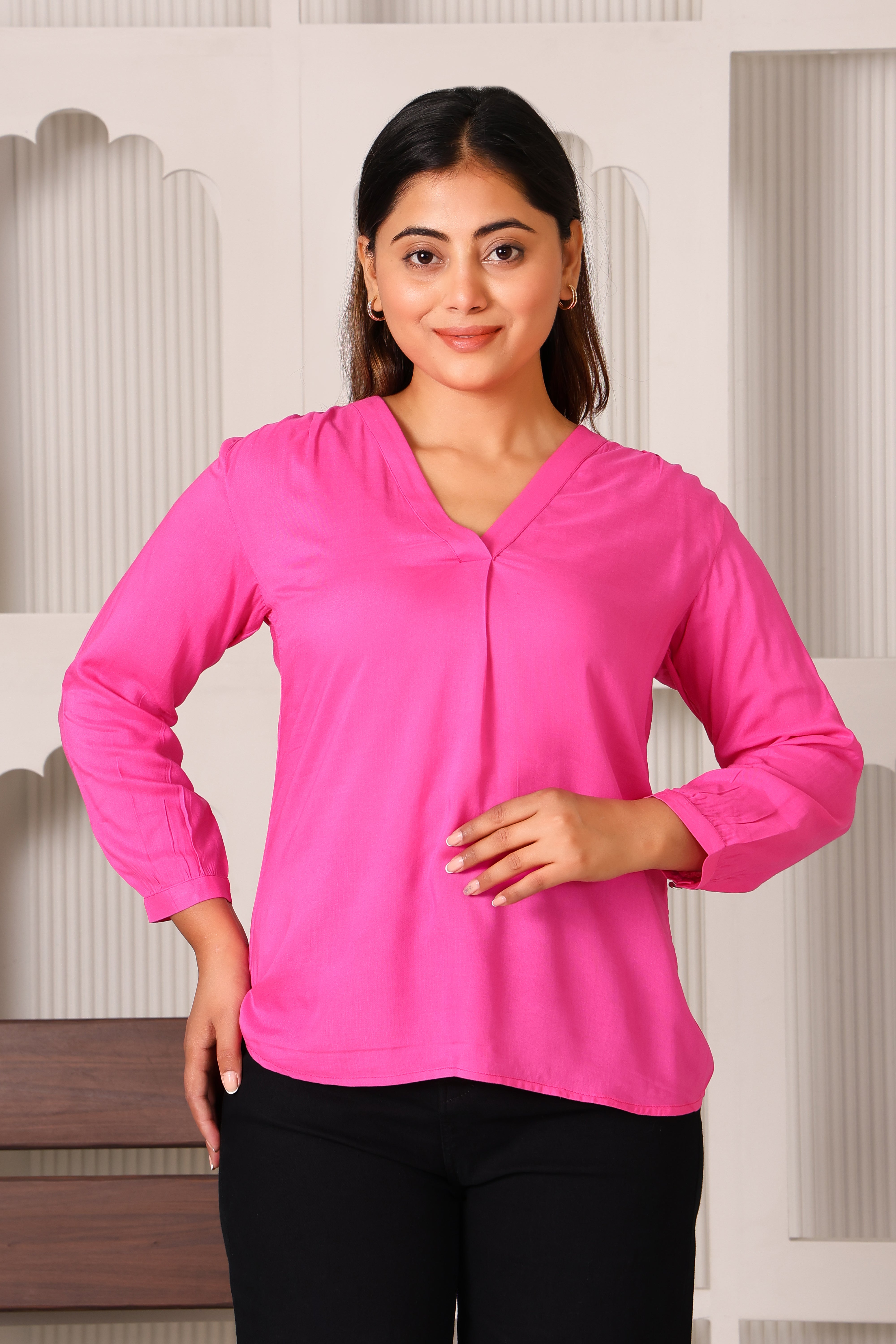 Women's Premium Rayon V-Neck Three-Quarter Sleeve Tunic Top (Pink)