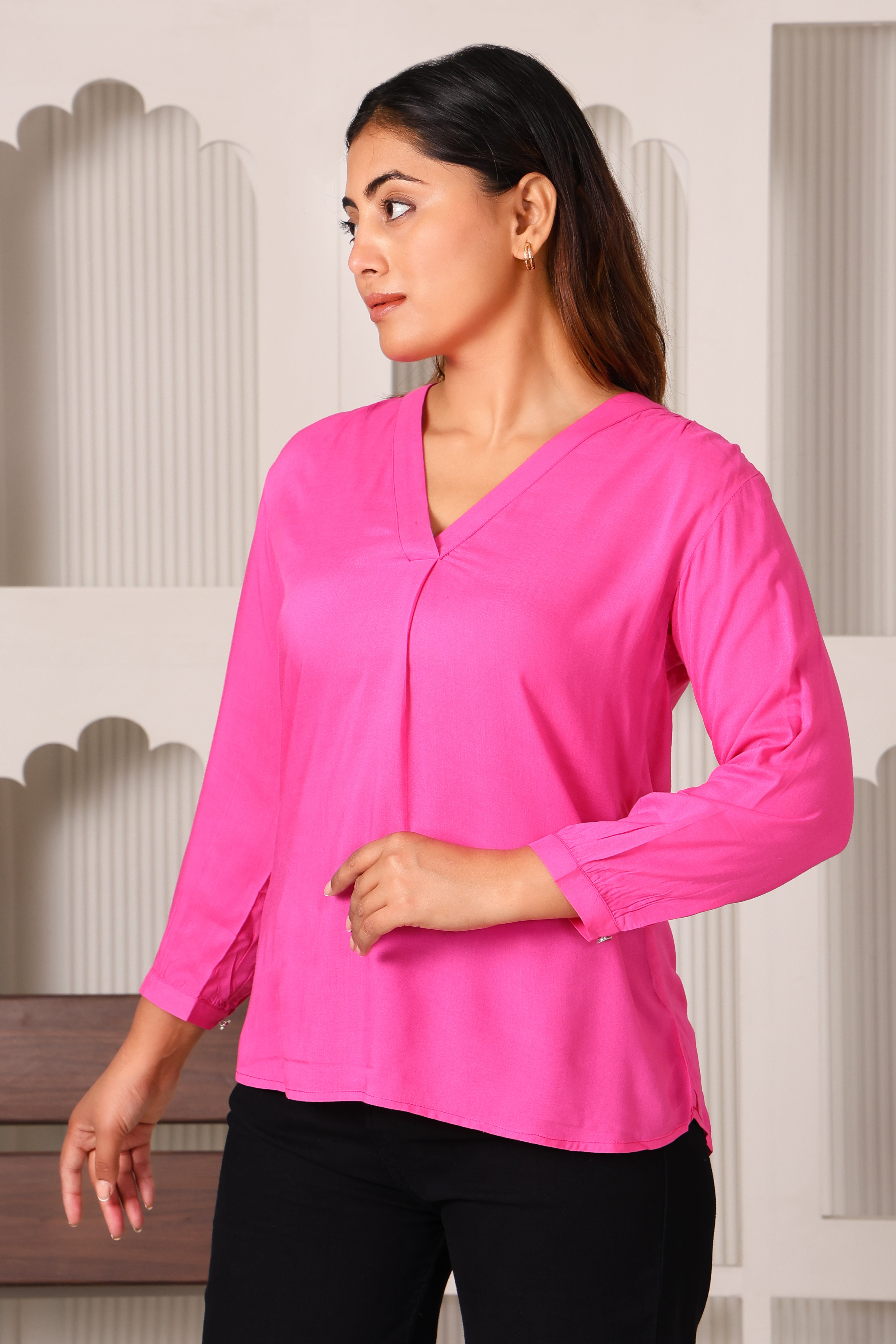 Women's Premium Rayon V-Neck Three-Quarter Sleeve Tunic Top (Pink)