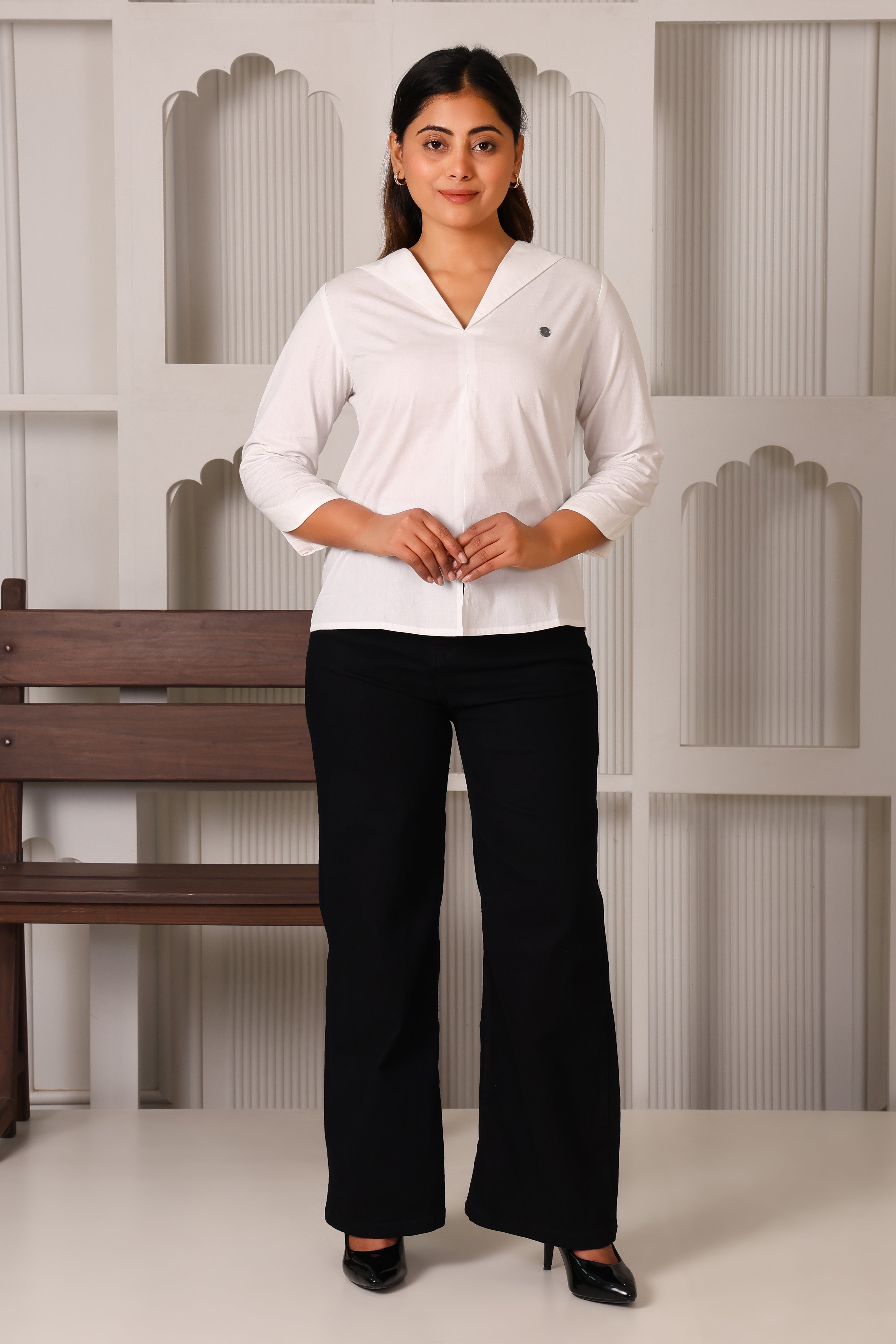 Women's Premium Satin V-Neck Three-Quarter Sleeve Top (White)