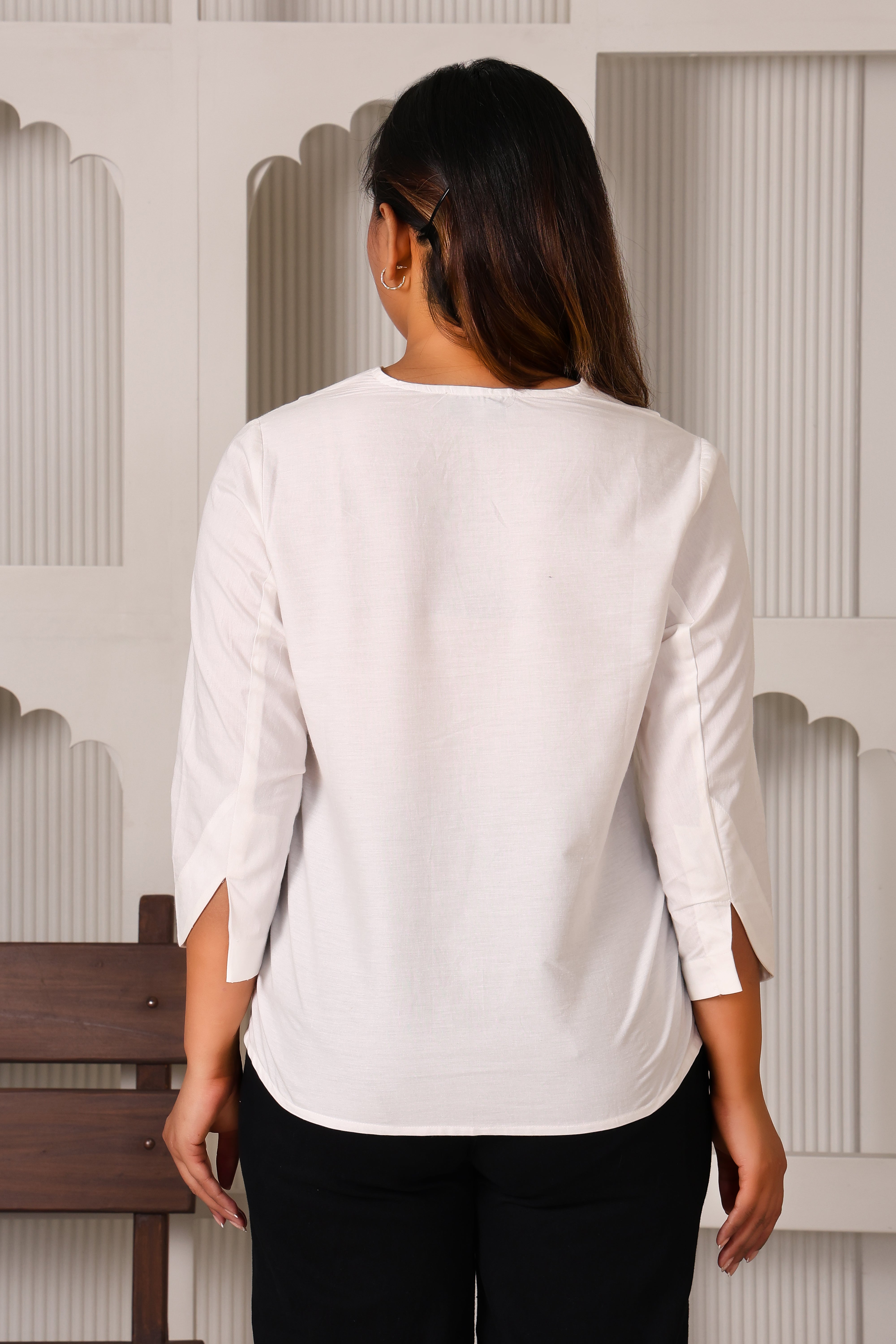 Women's Premium Satin V-Neck Three-Quarter Sleeve Top (White)