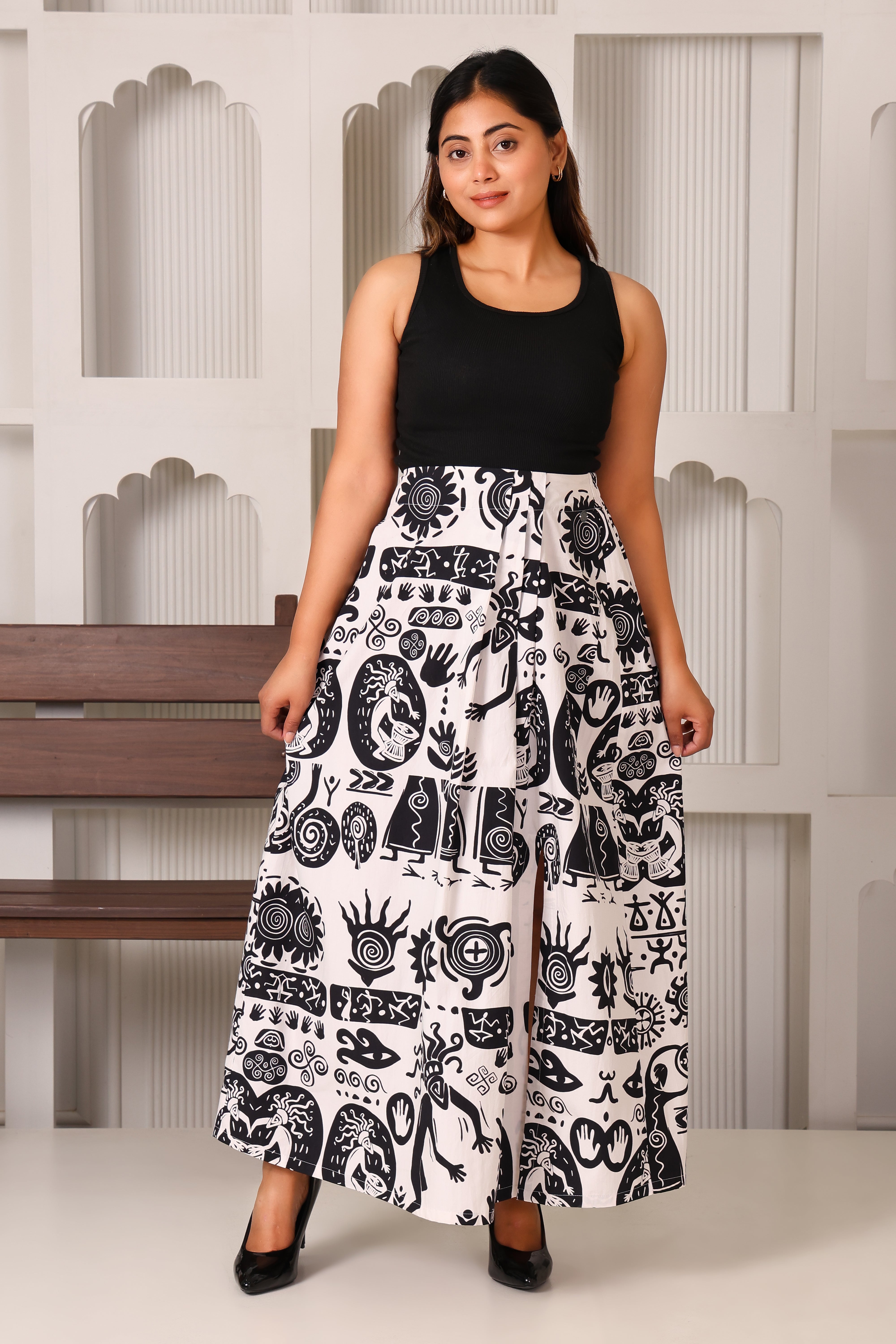 Women's Premium 100% Cotton Floral Printed Side Slit A-Line Midi Skirt