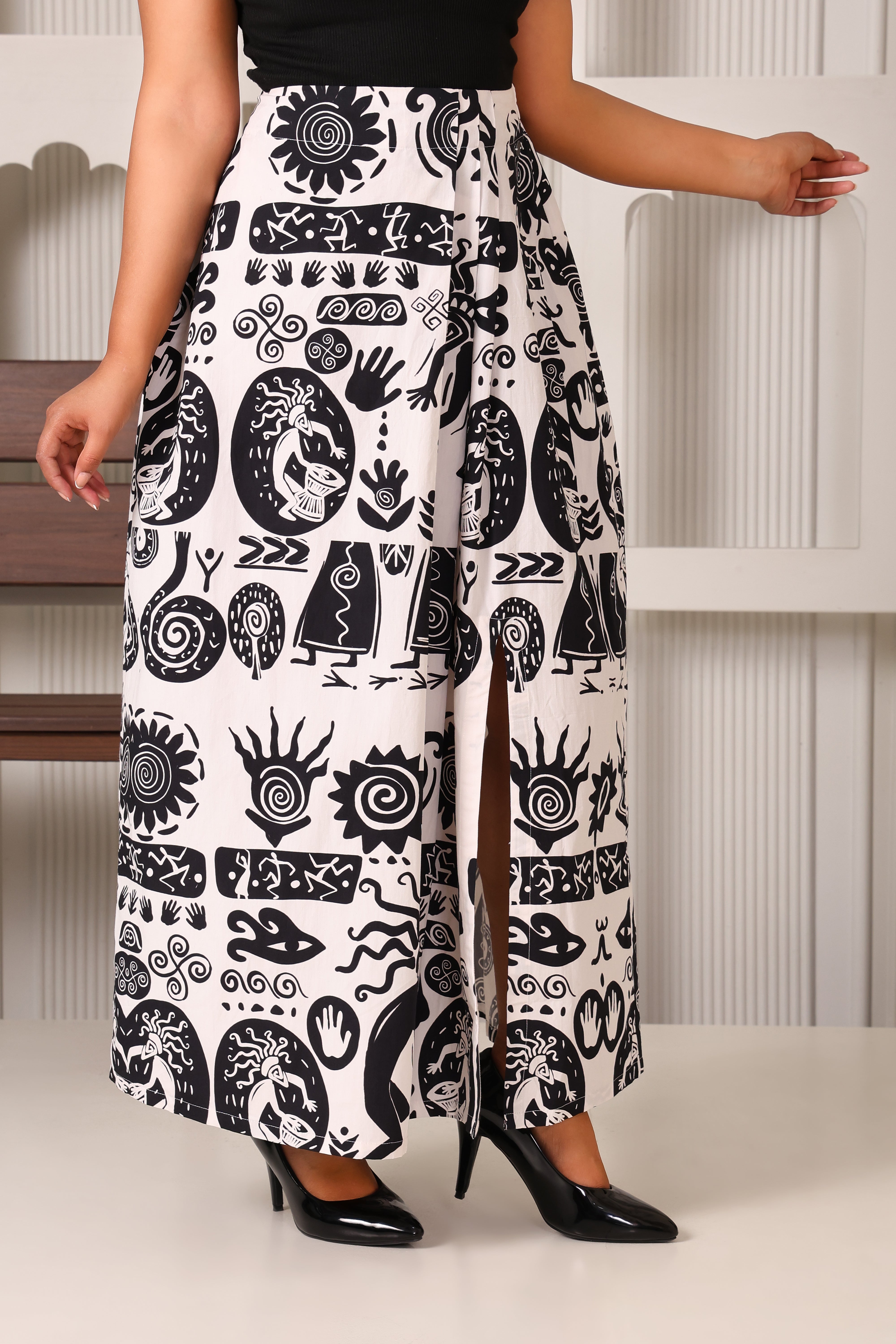 Women's Premium 100% Cotton Floral Printed Side Slit A-Line Midi Skirt