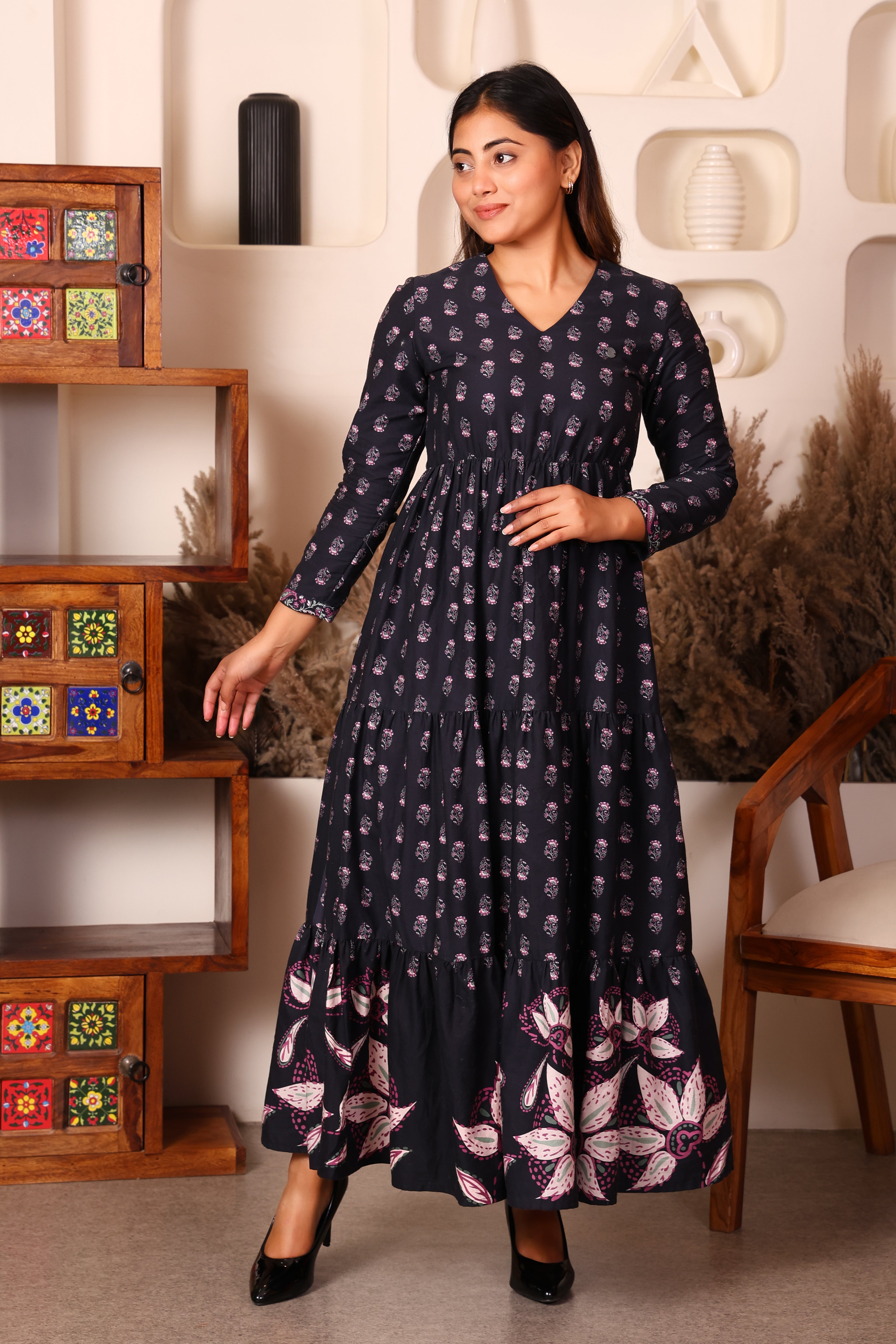 Full Sleeves Maxi Length Floral Dress- Multi Print