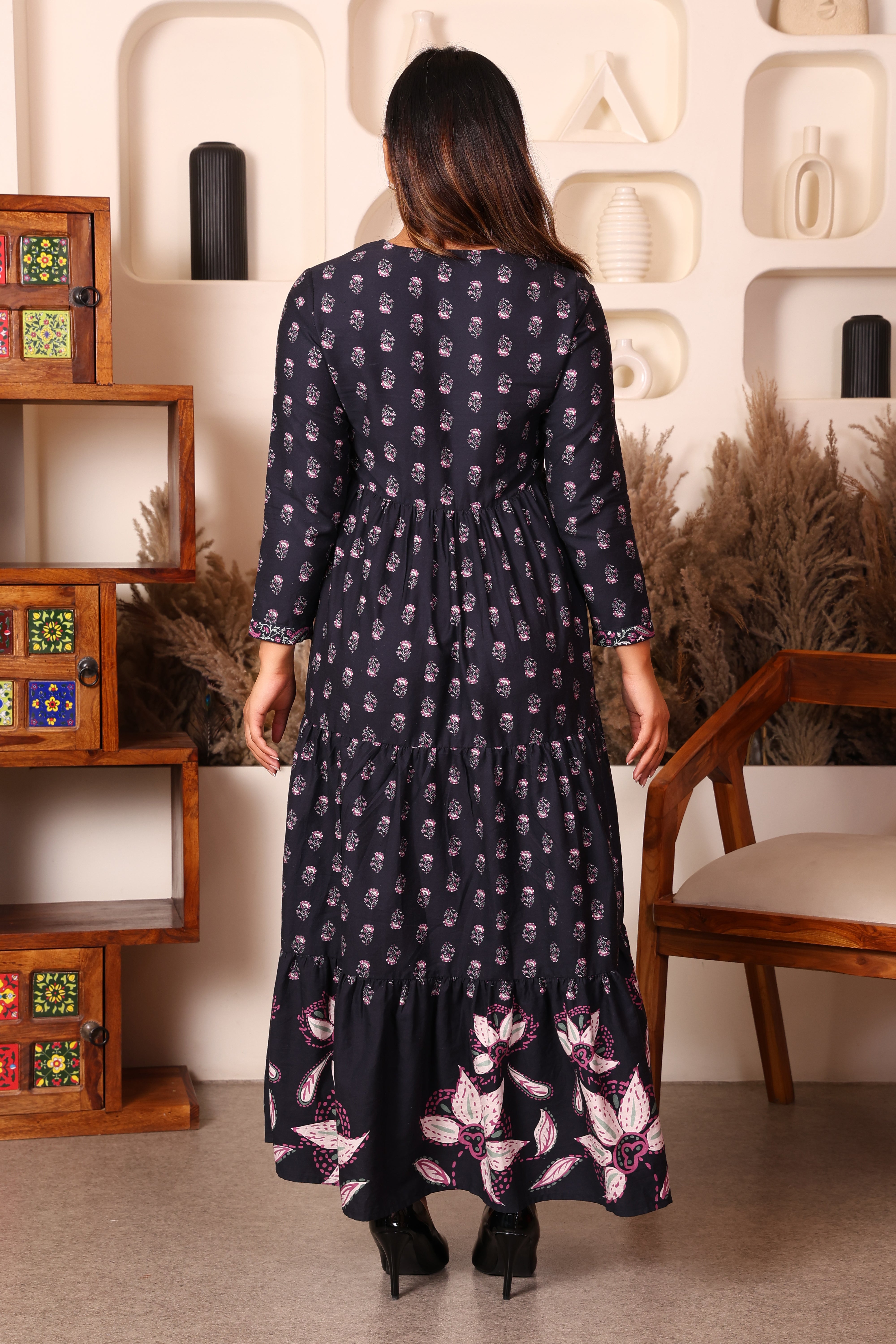 Full Sleeves Maxi Length Floral Dress- Multi Print