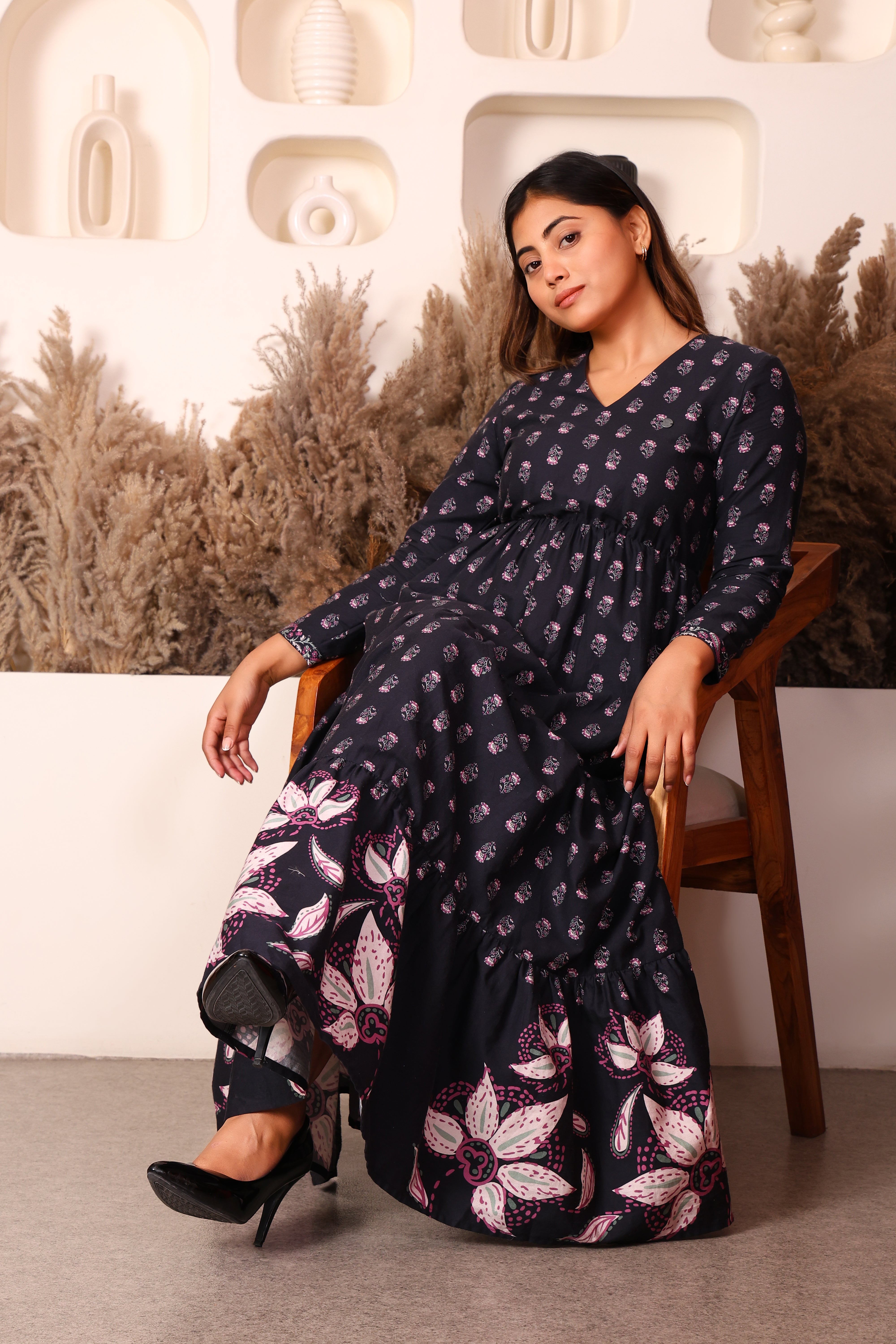 Full Sleeves Maxi Length Floral Dress- Multi Print