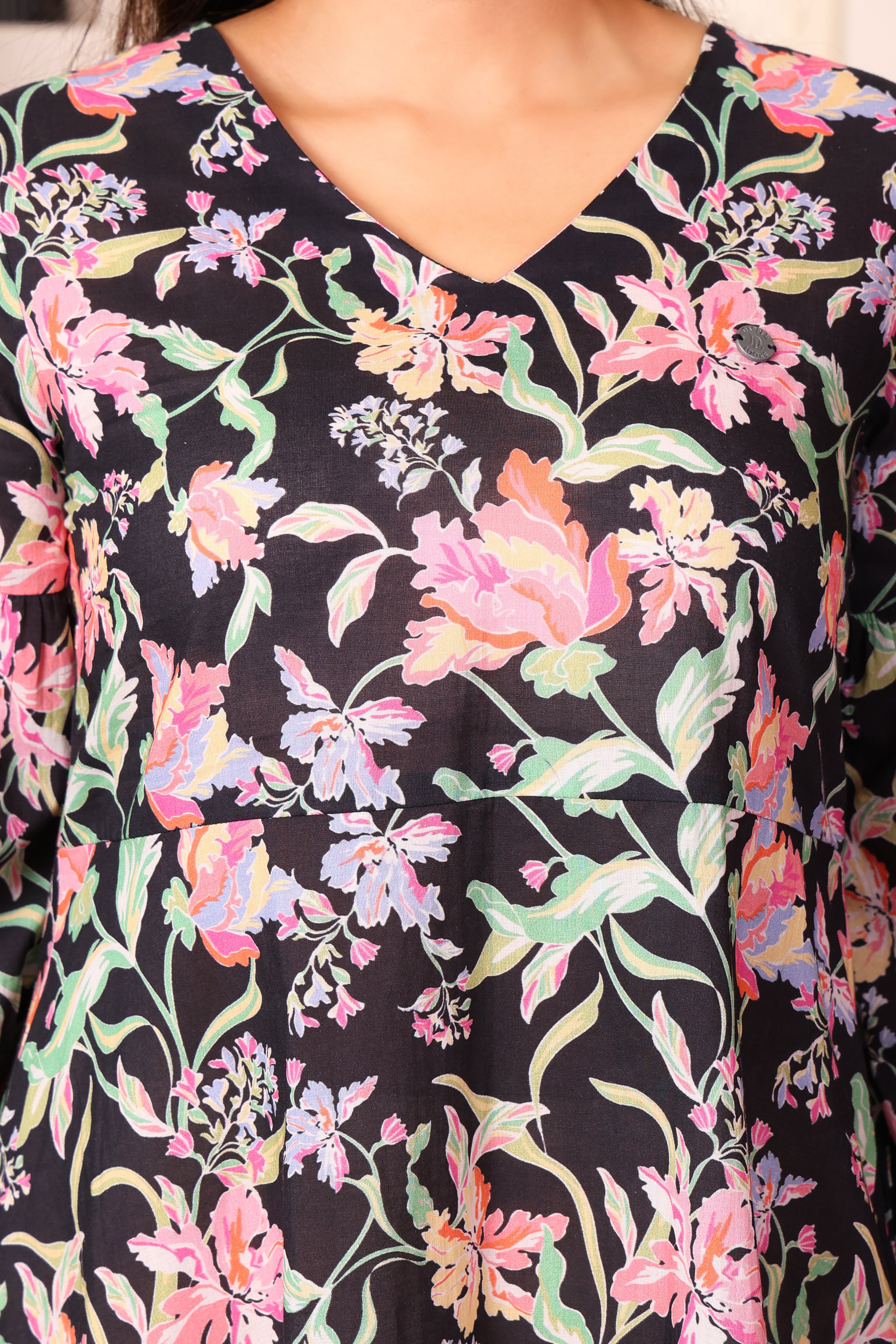 V-Neck Flare Midi Length Dress- Flower Print