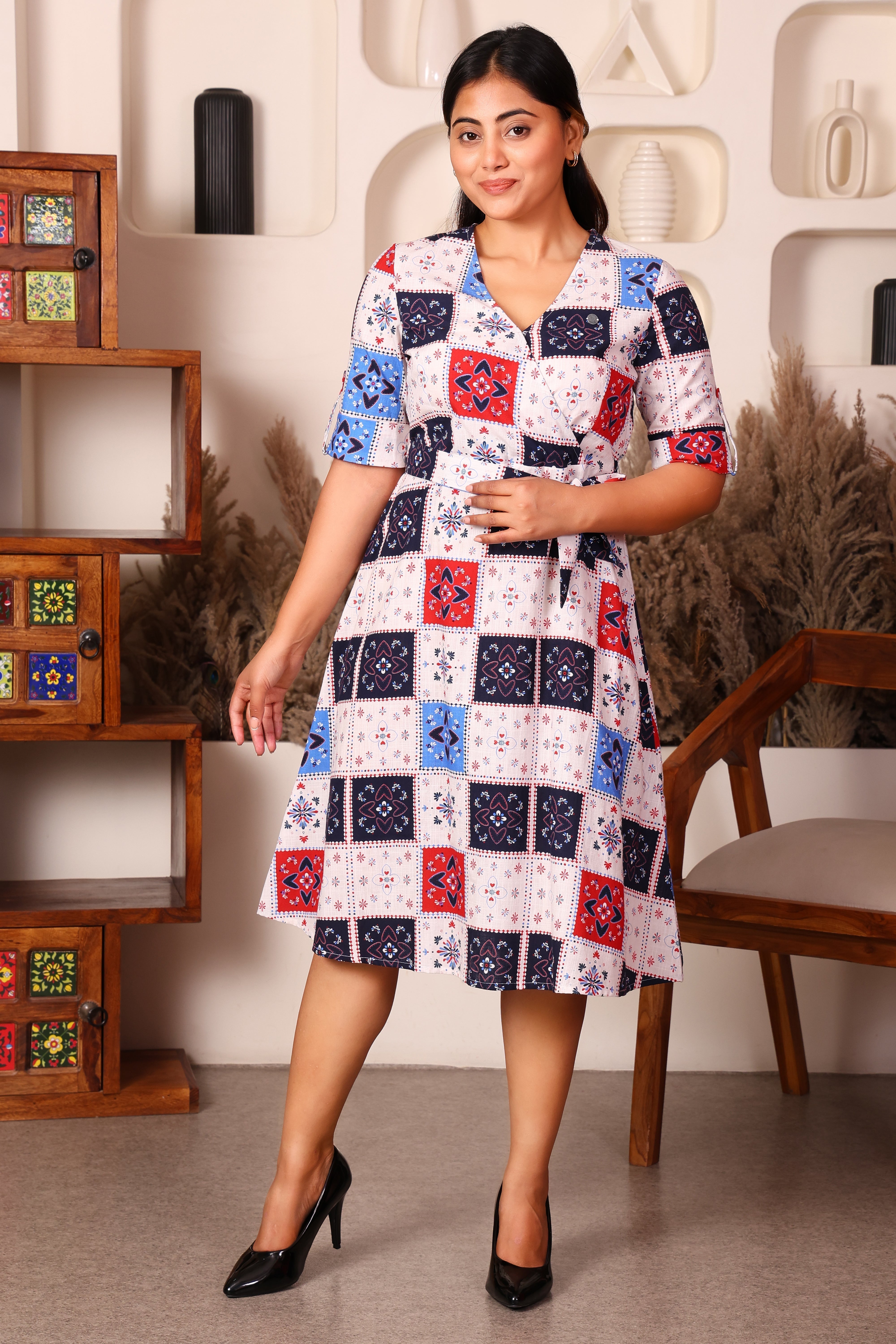 Short Sleeves Wrap Printed Dress- Geometrical Print