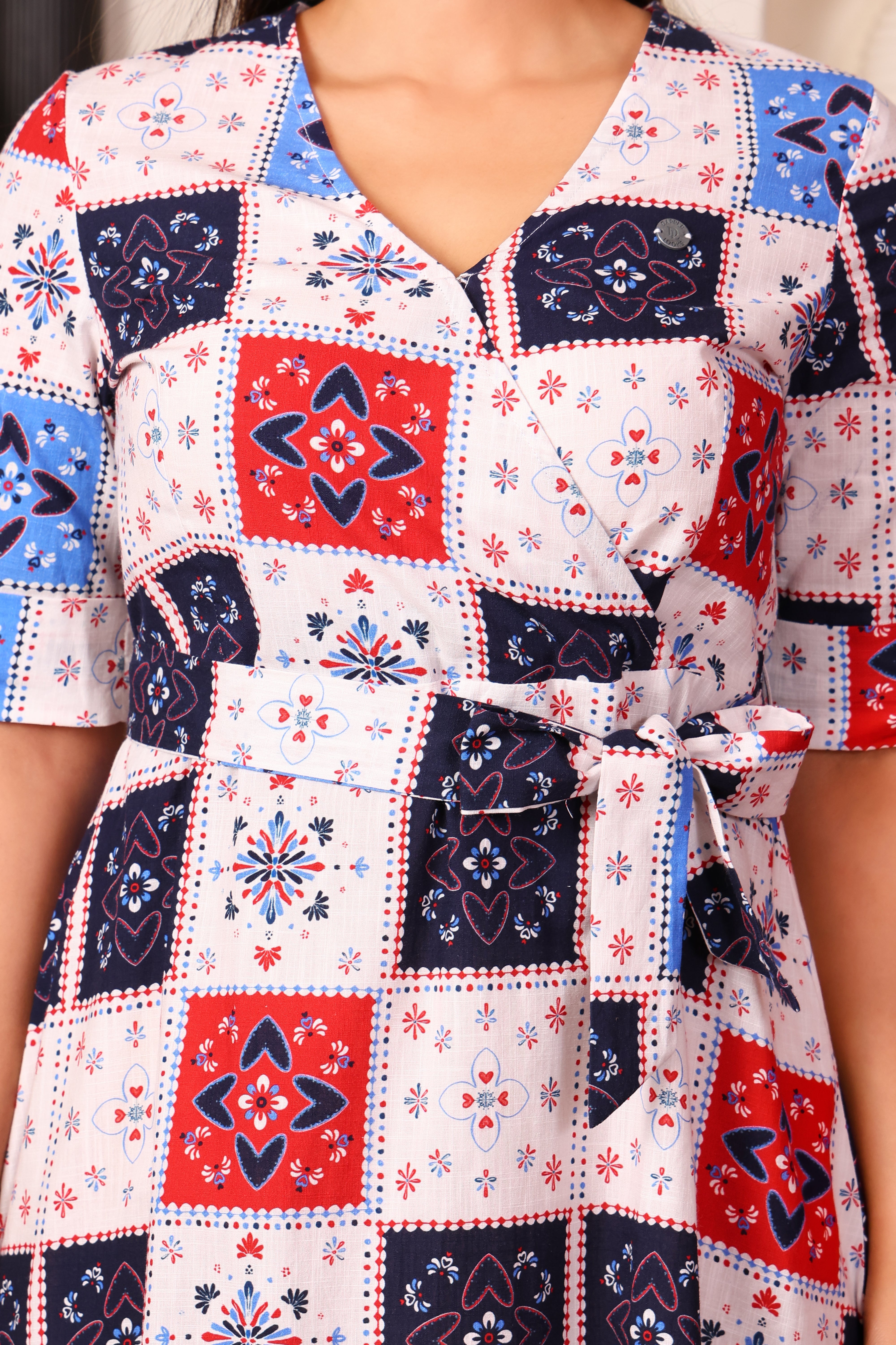 Short Sleeves Wrap Printed Dress- Geometrical Print