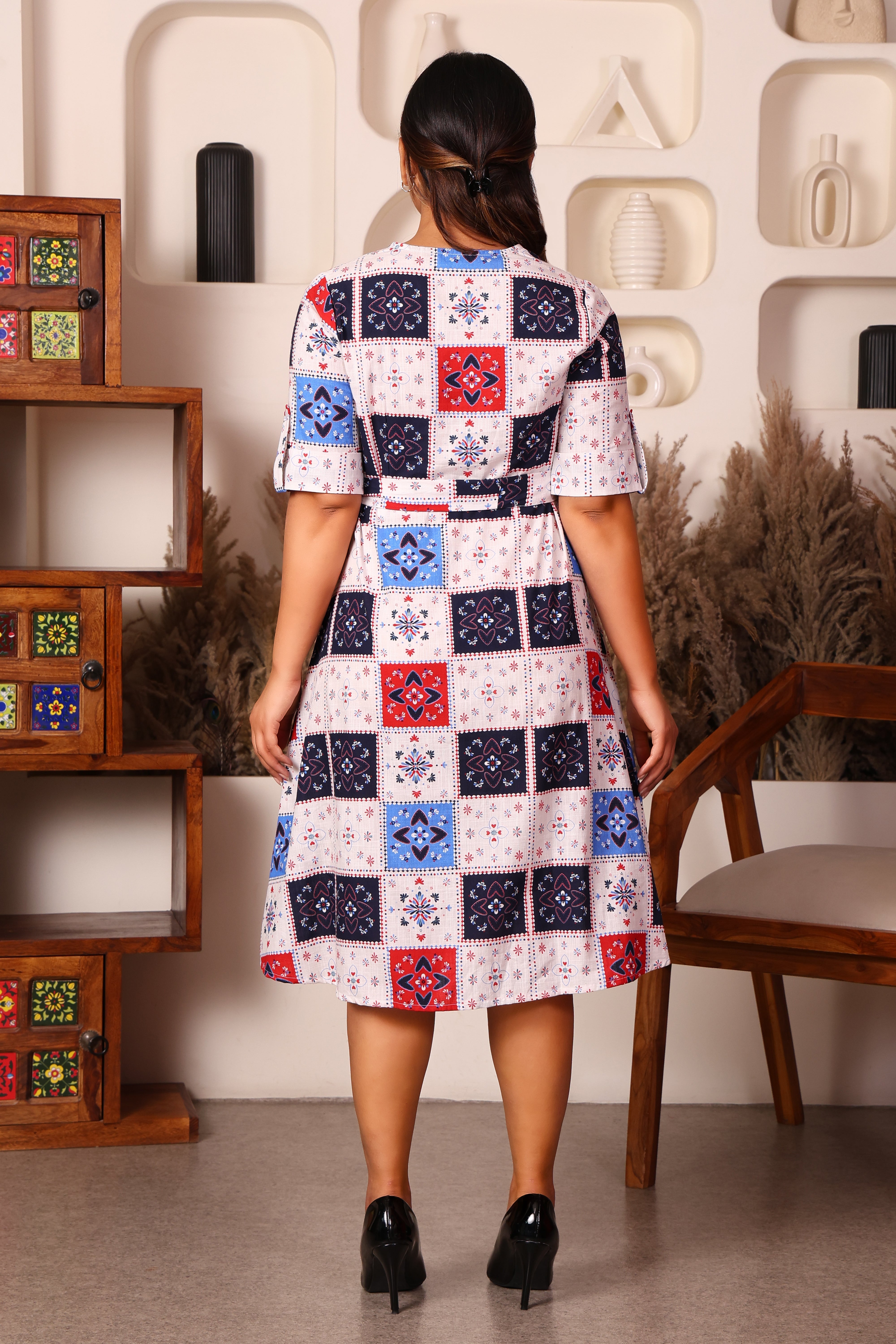 Short Sleeves Wrap Printed Dress- Geometrical Print