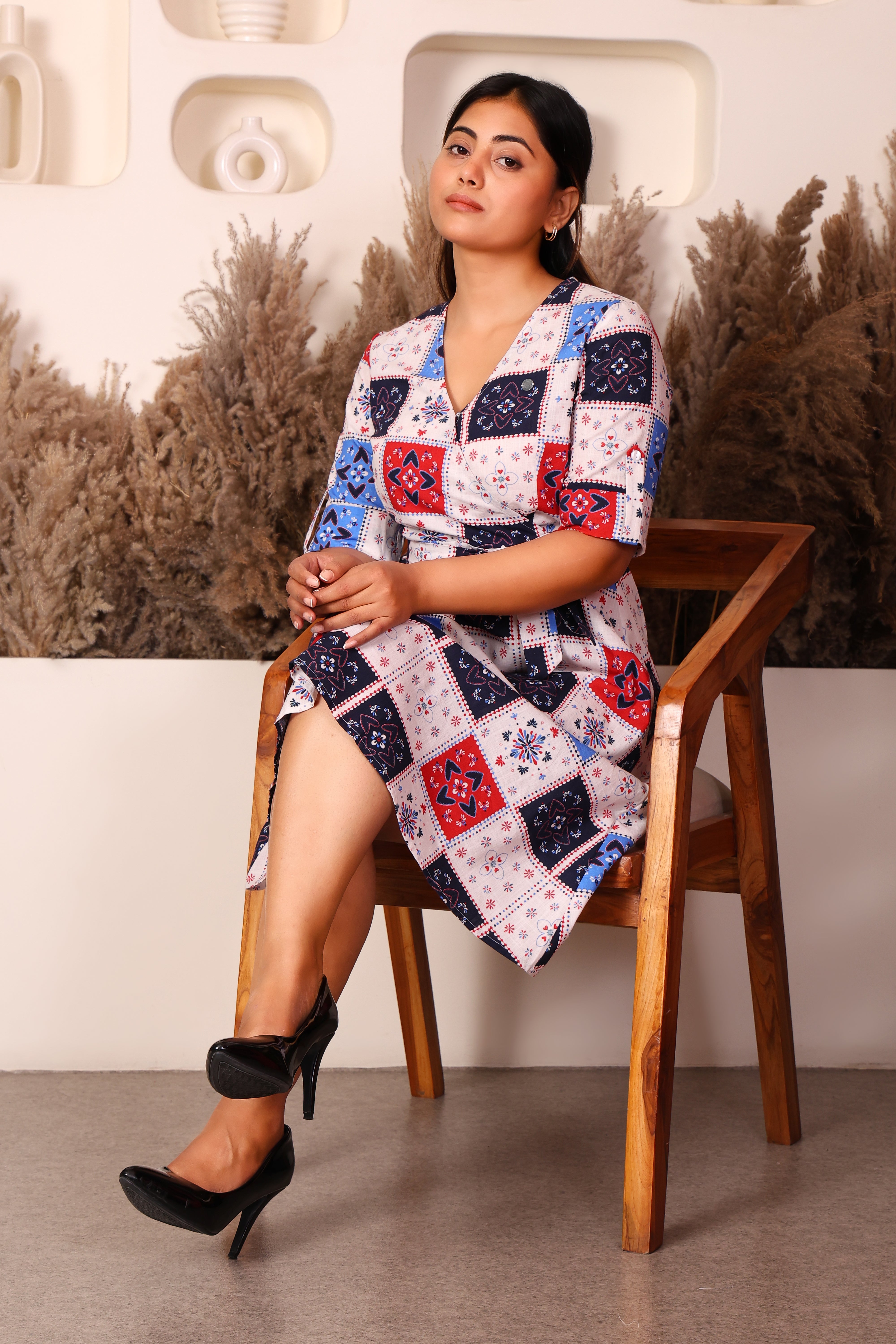Short Sleeves Wrap Printed Dress- Geometrical Print