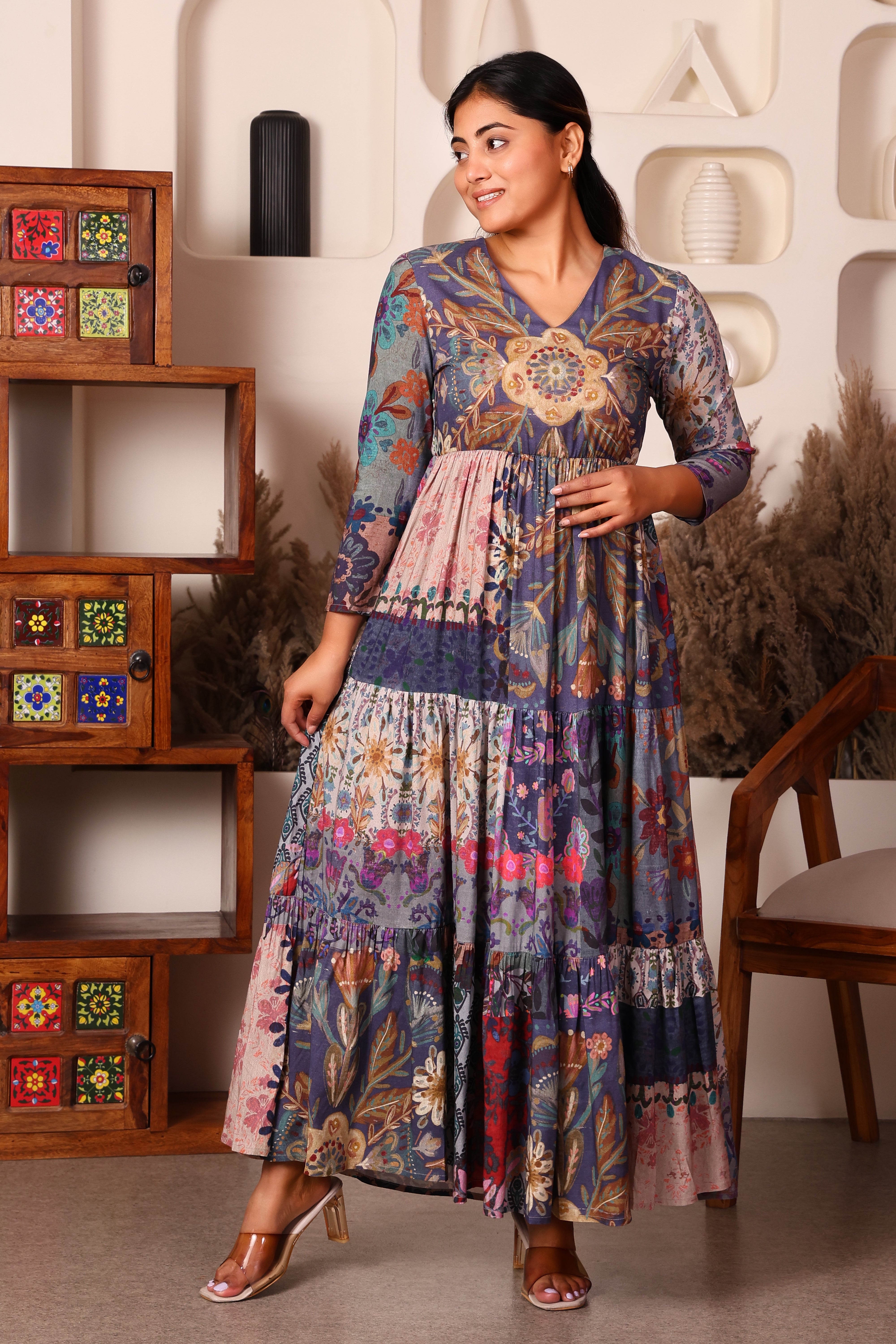 Full Sleeves Maxi Length Floral Dress- Multi Print