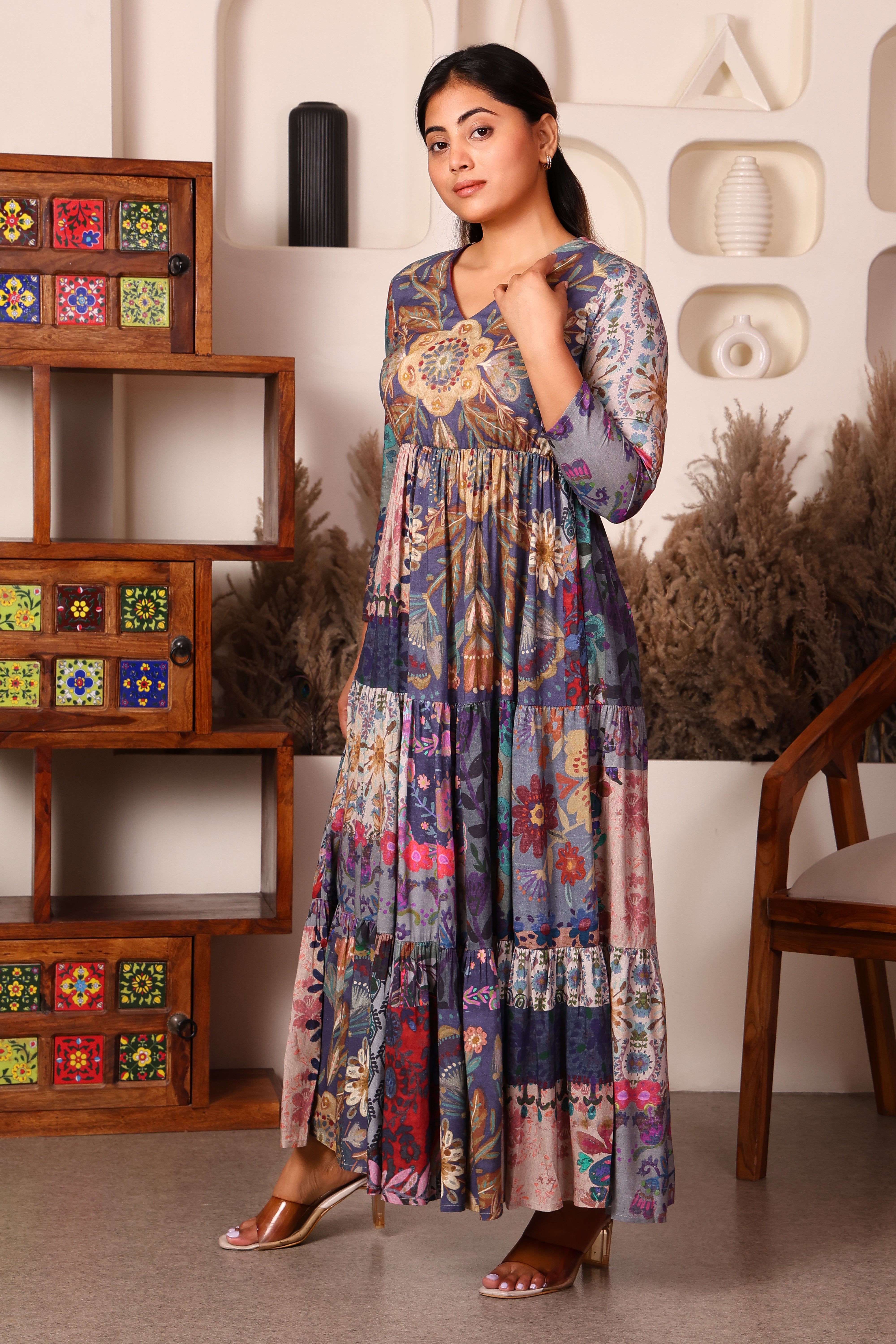 Full Sleeves Maxi Length Floral Dress- Multi Print