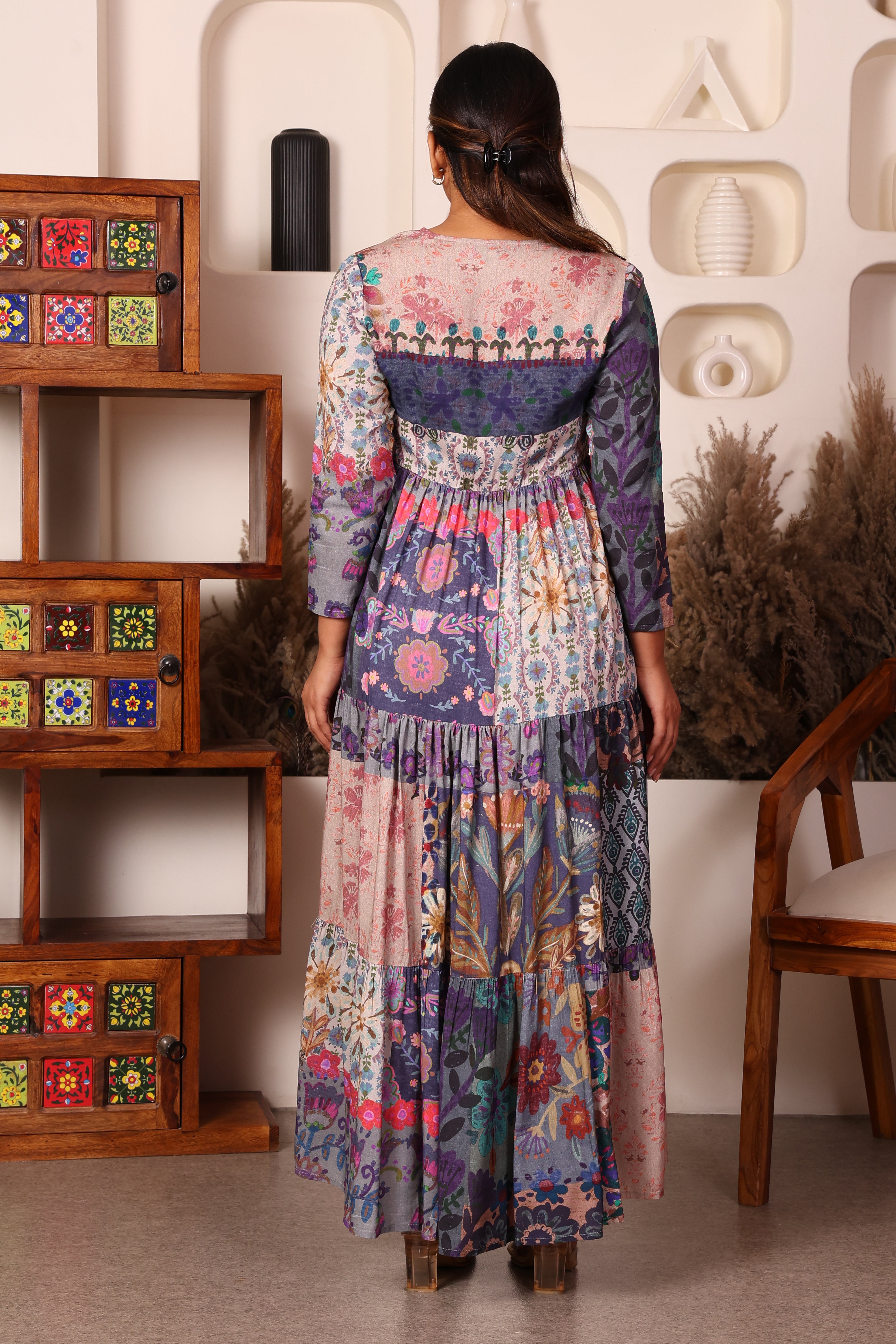 Full Sleeves Maxi Length Floral Dress- Multi Print