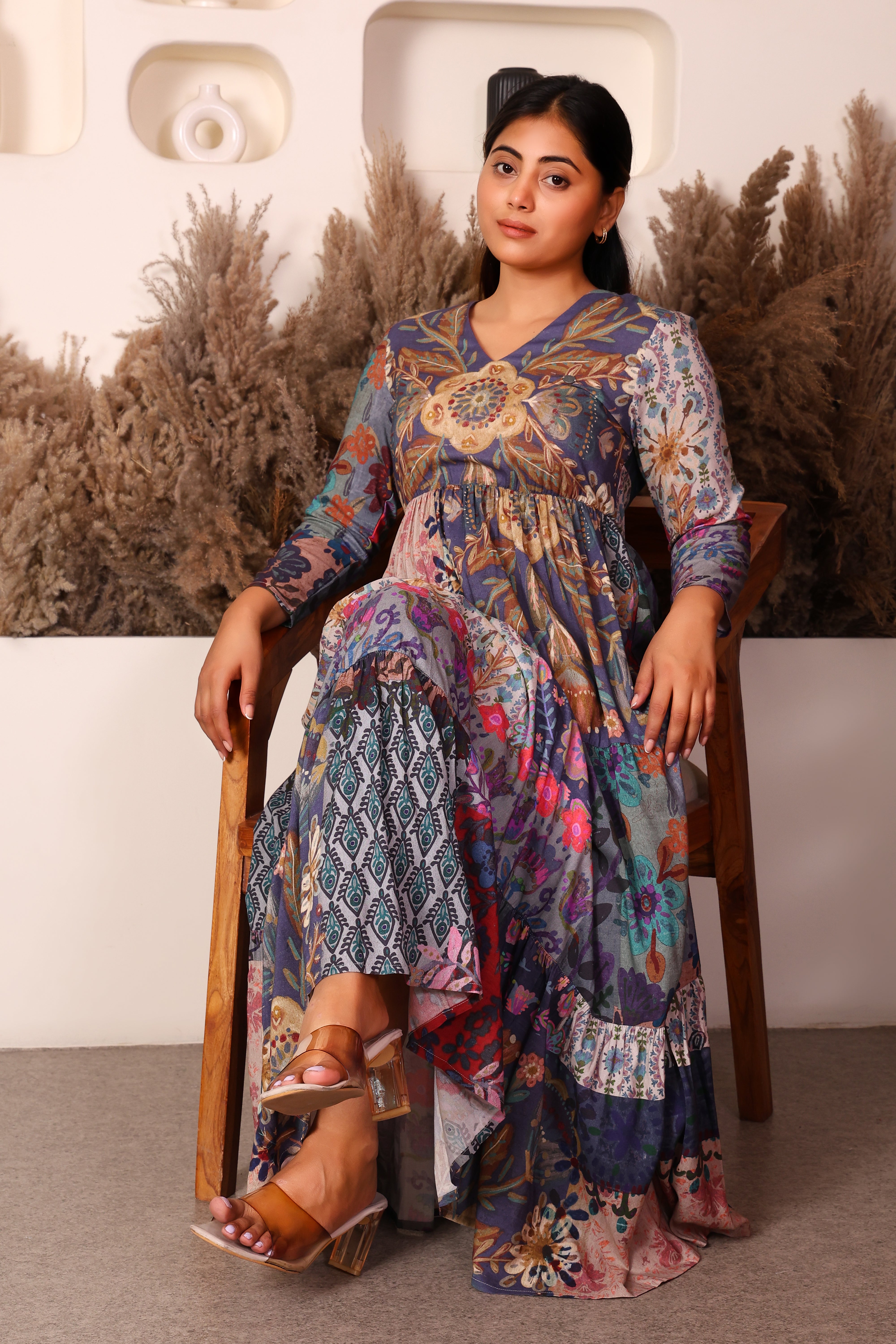 Full Sleeves Maxi Length Floral Dress- Multi Print