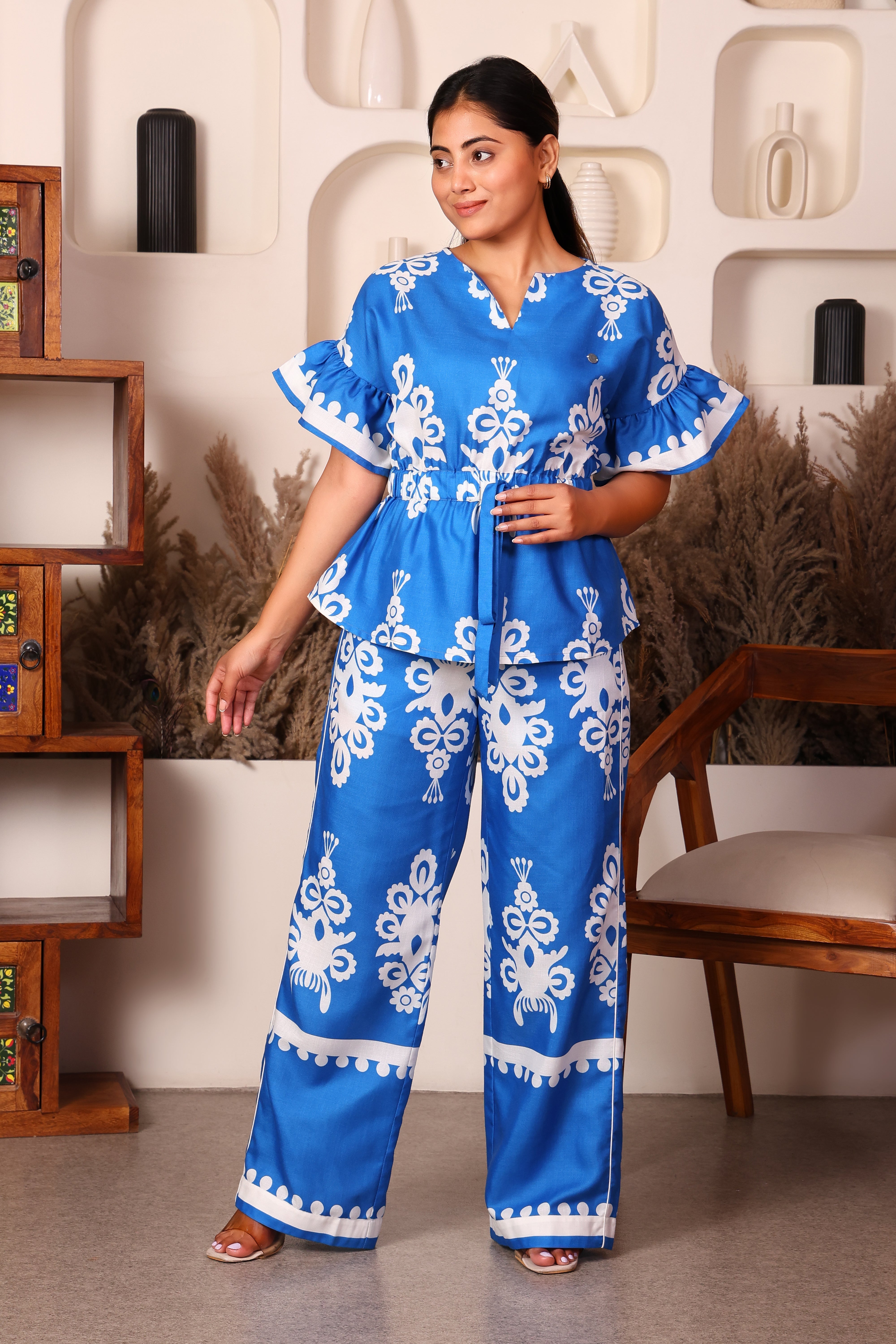 Women's Premium Cotton Printed Top and Trouser Co-Ord Set (Blue Print)