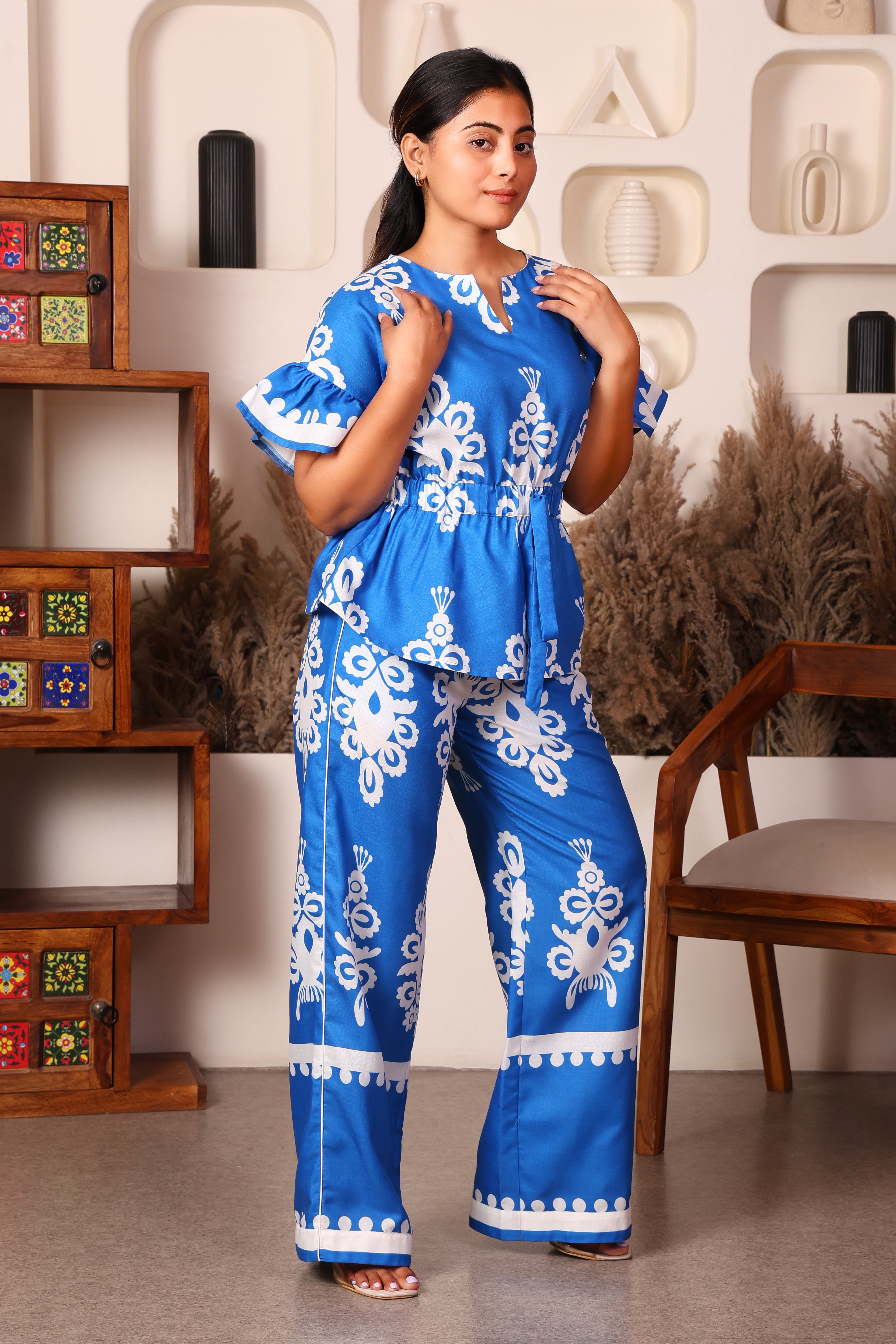 Women's Premium Cotton Printed Top and Trouser Co-Ord Set (Blue Print)