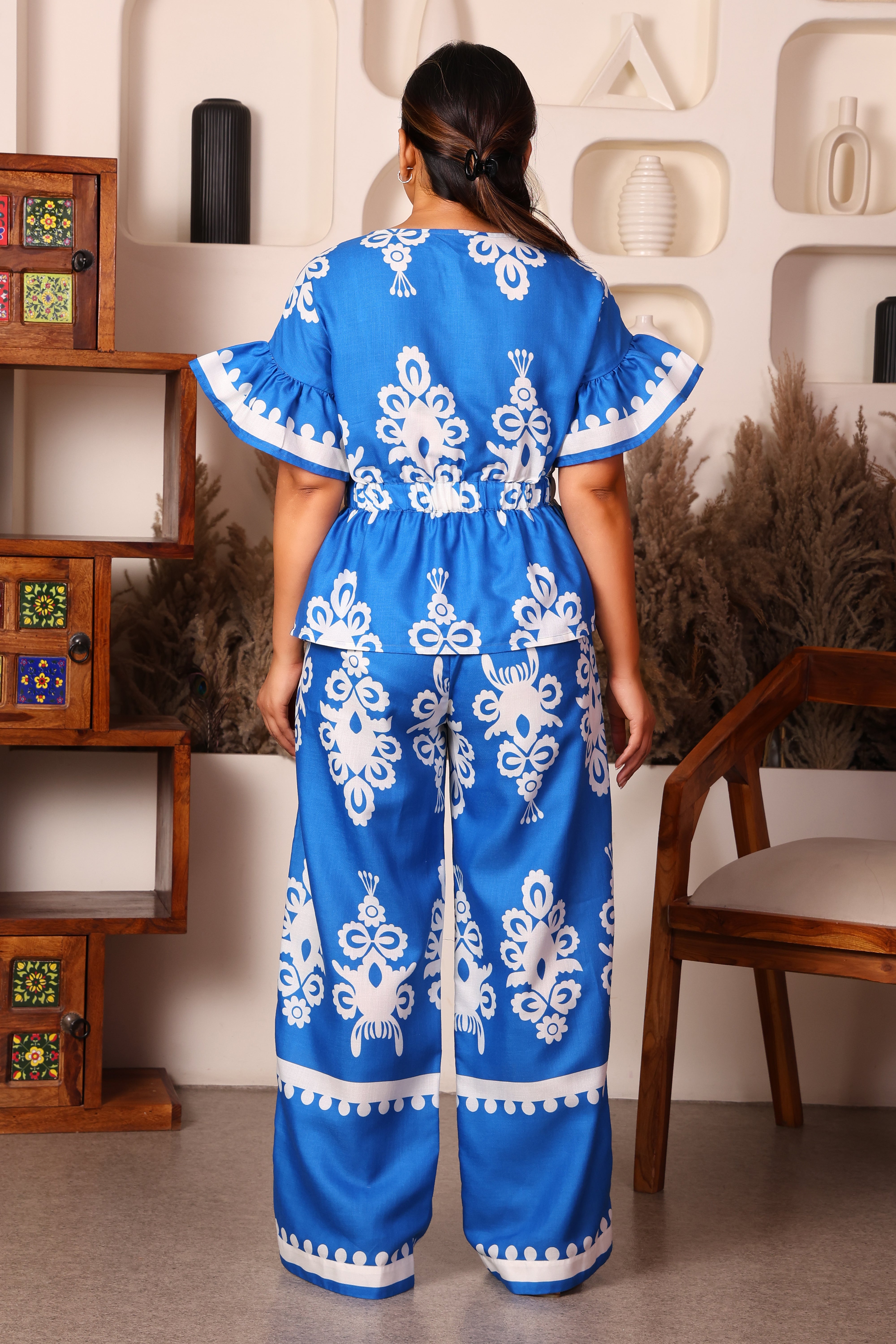 Women's Premium Cotton Printed Top and Trouser Co-Ord Set (Blue Print)