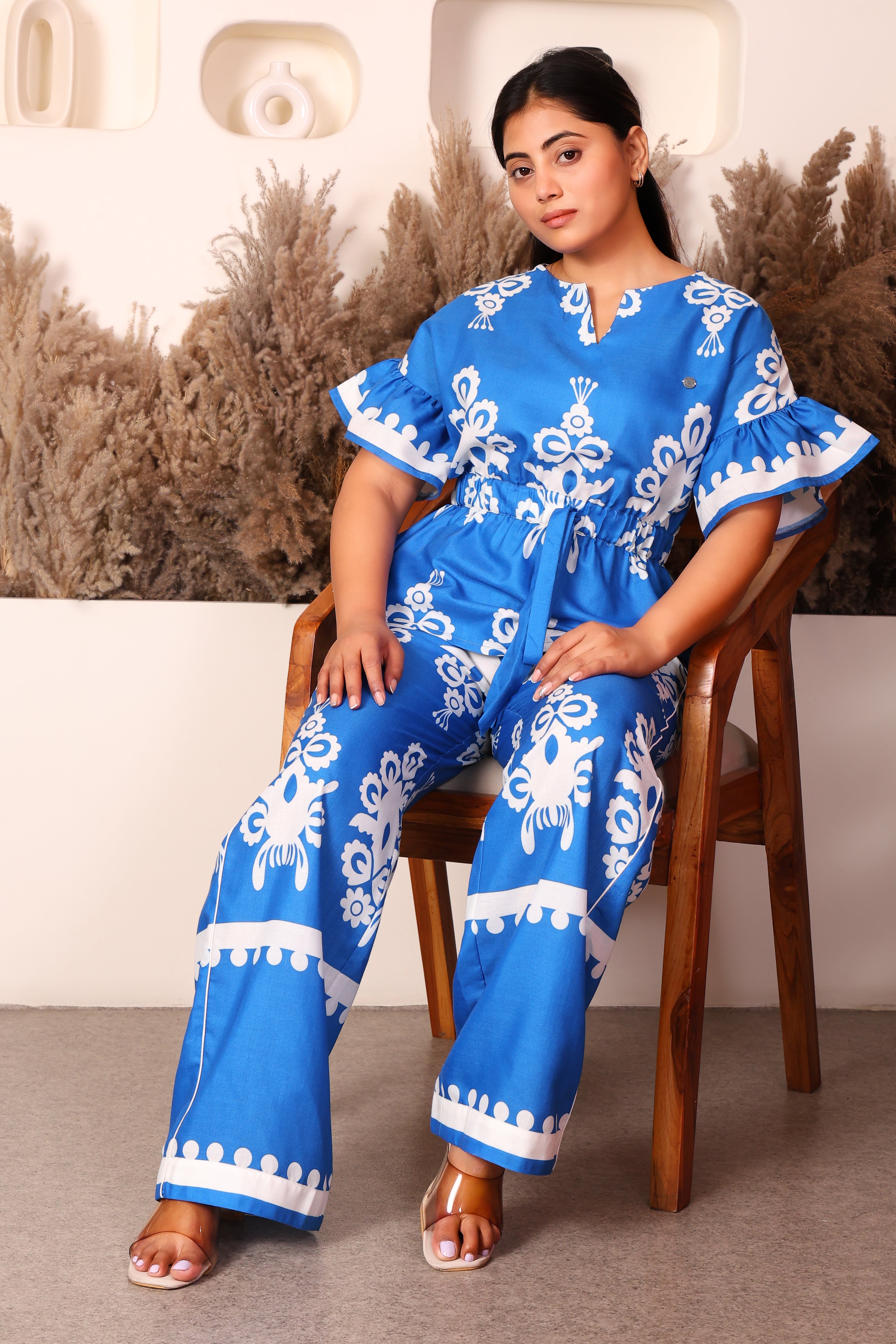 Women's Premium Cotton Printed Top and Trouser Co-Ord Set (Blue Print)