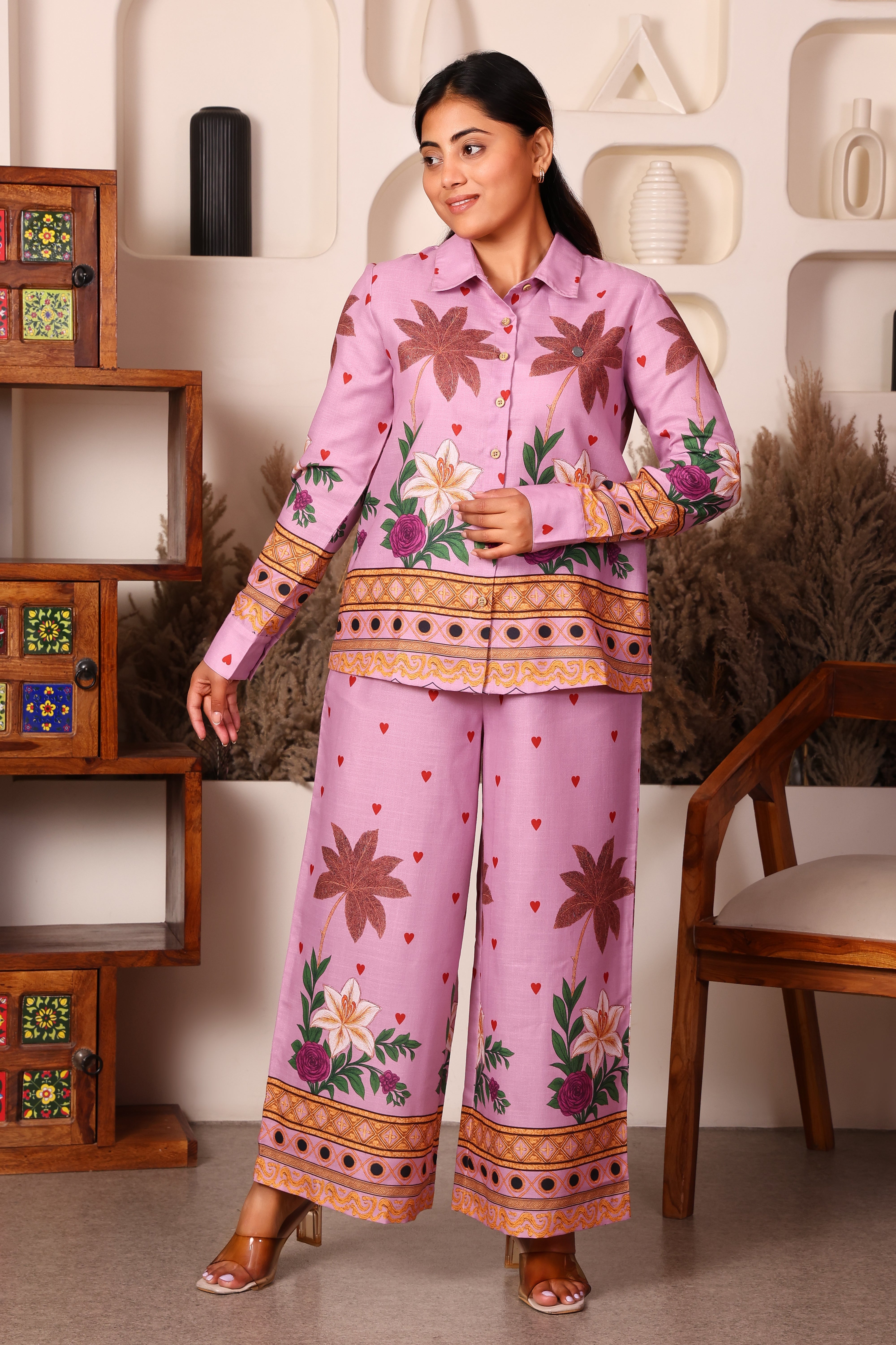 Women's Premium Cotton Pink Floral Printed Collar Neck Co-Ord Set