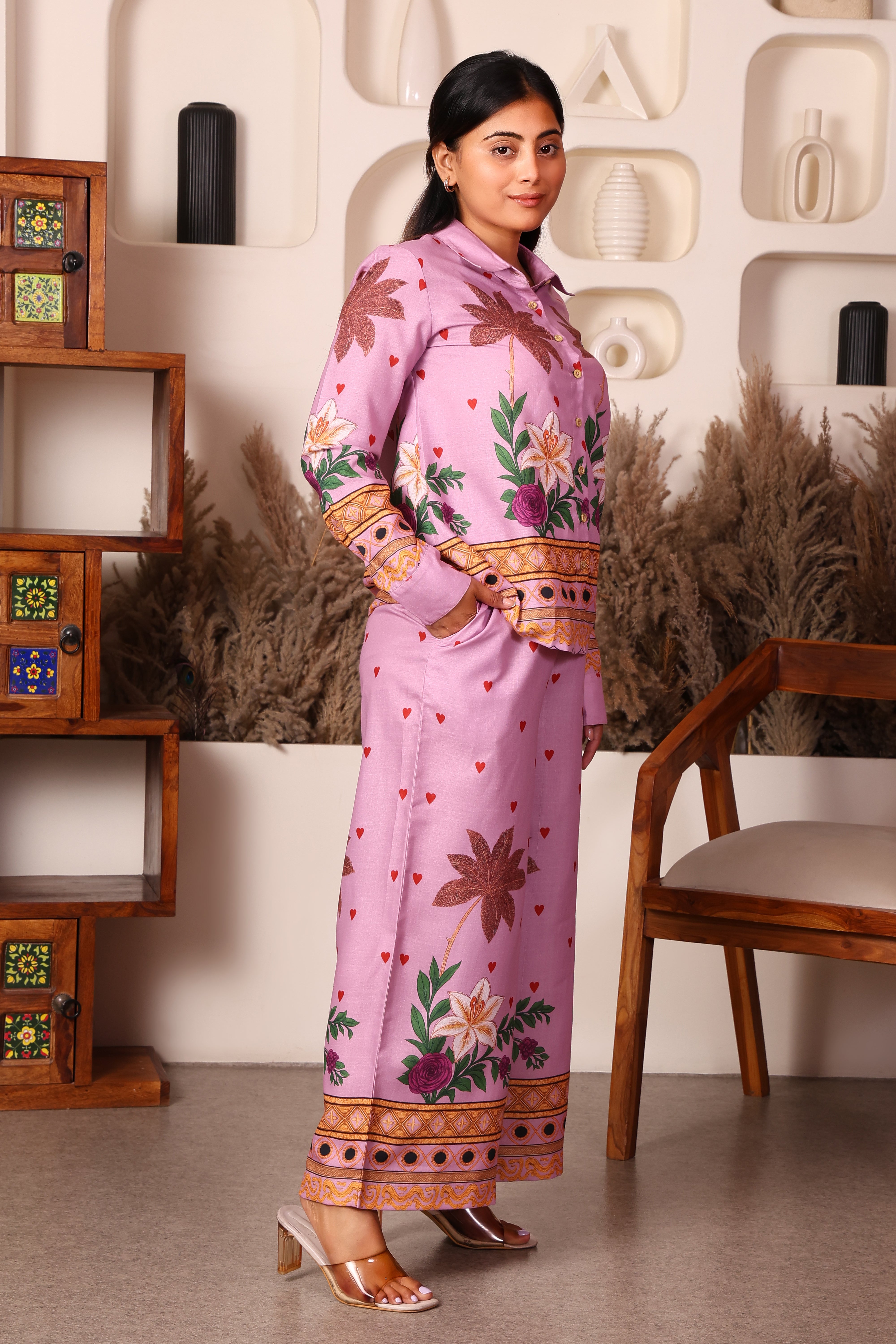 Women's Premium Cotton Pink Floral Printed Collar Neck Co-Ord Set