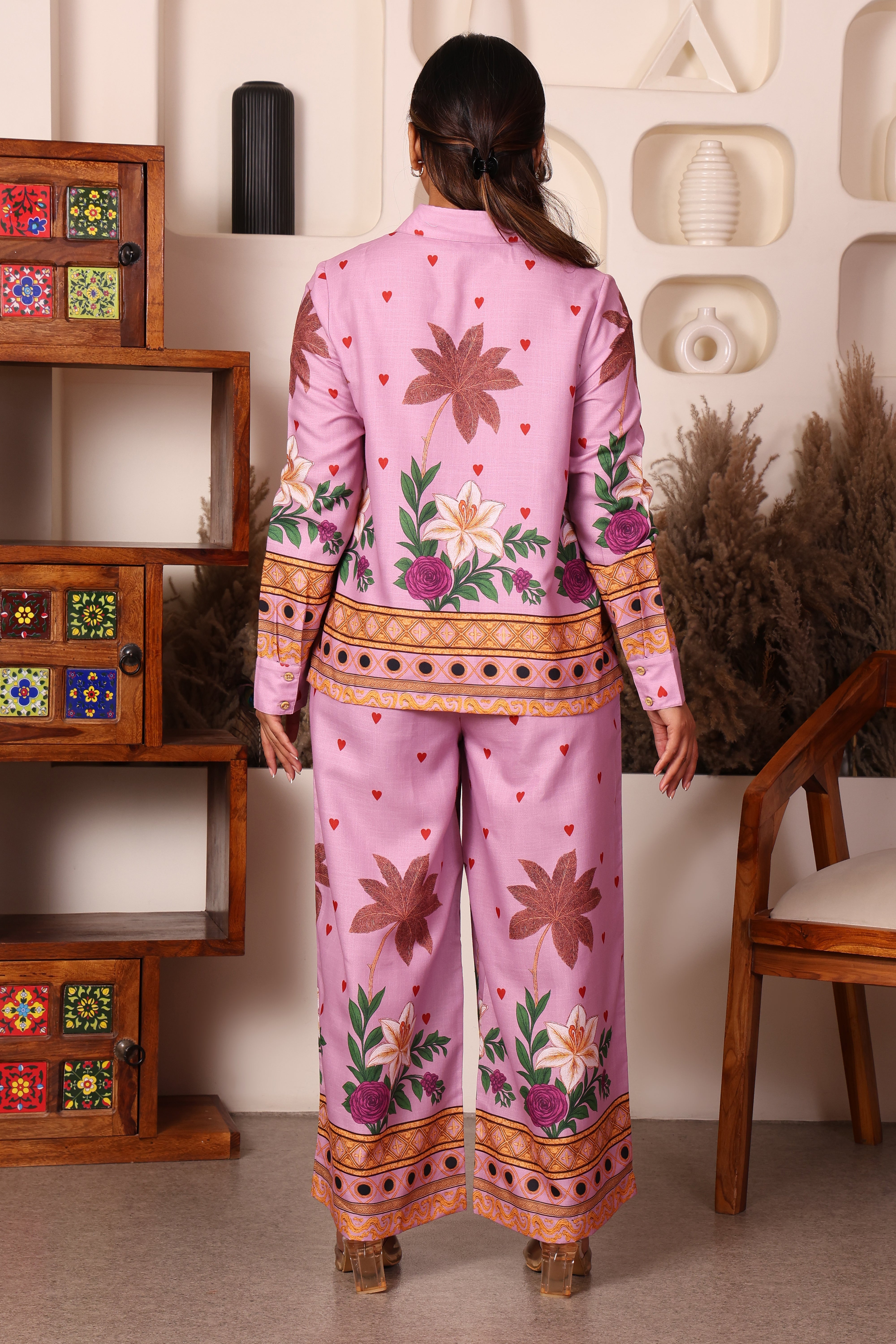 Women's Premium Cotton Pink Floral Printed Collar Neck Co-Ord Set
