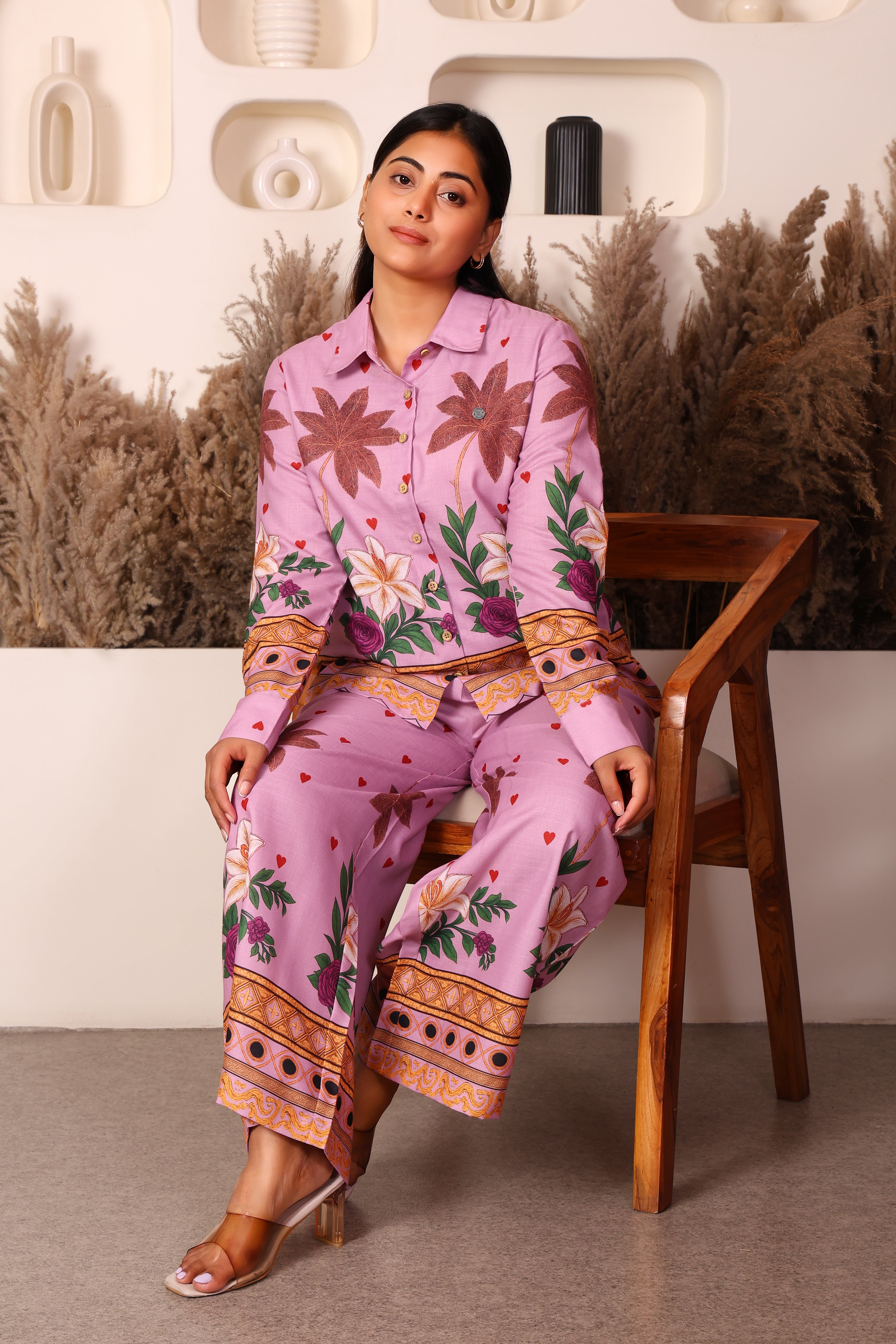 Women's Premium Cotton Pink Floral Printed Collar Neck Co-Ord Set