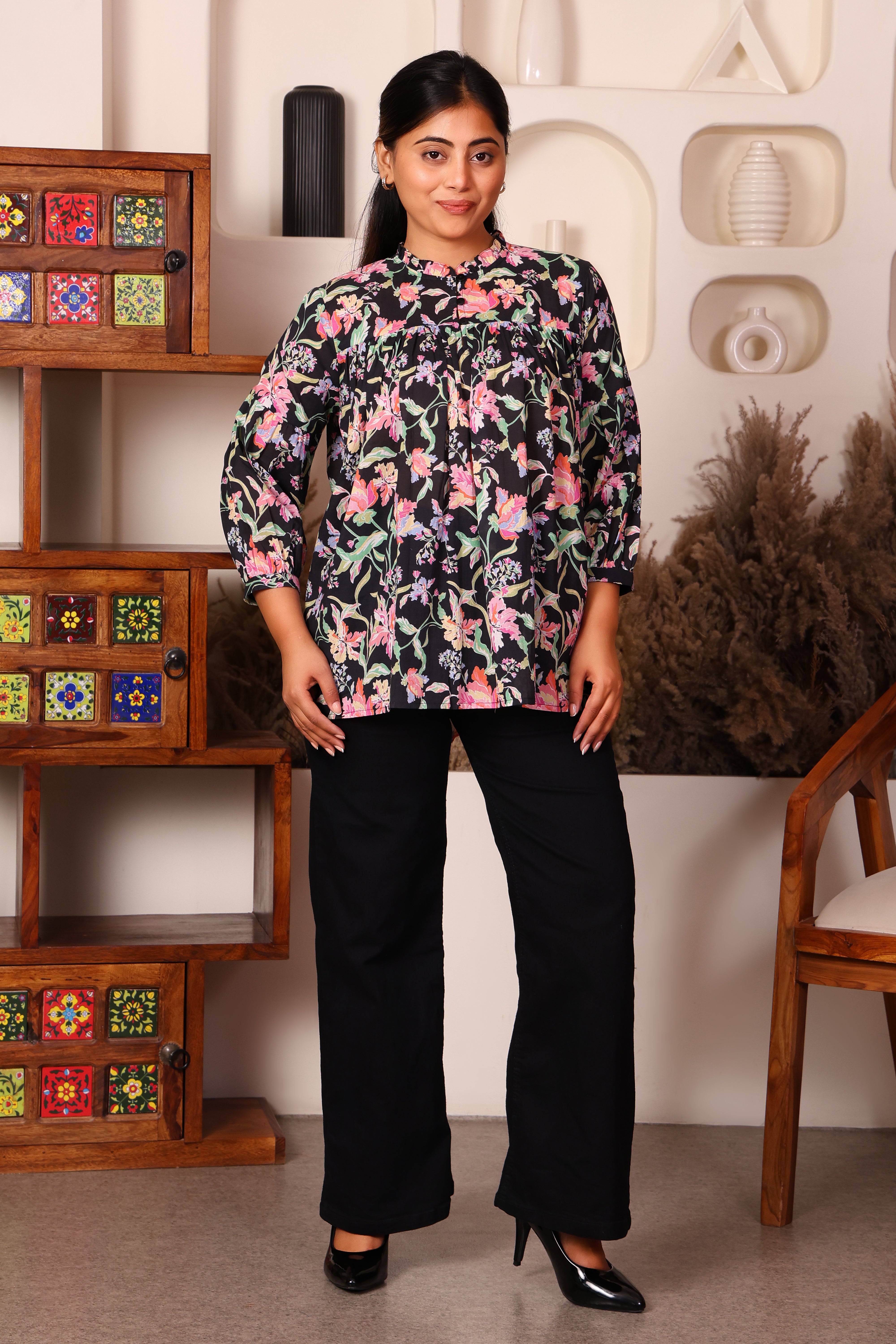 Women's Premium Cotton Ruffle Neck Puff Sleeve Floral Top