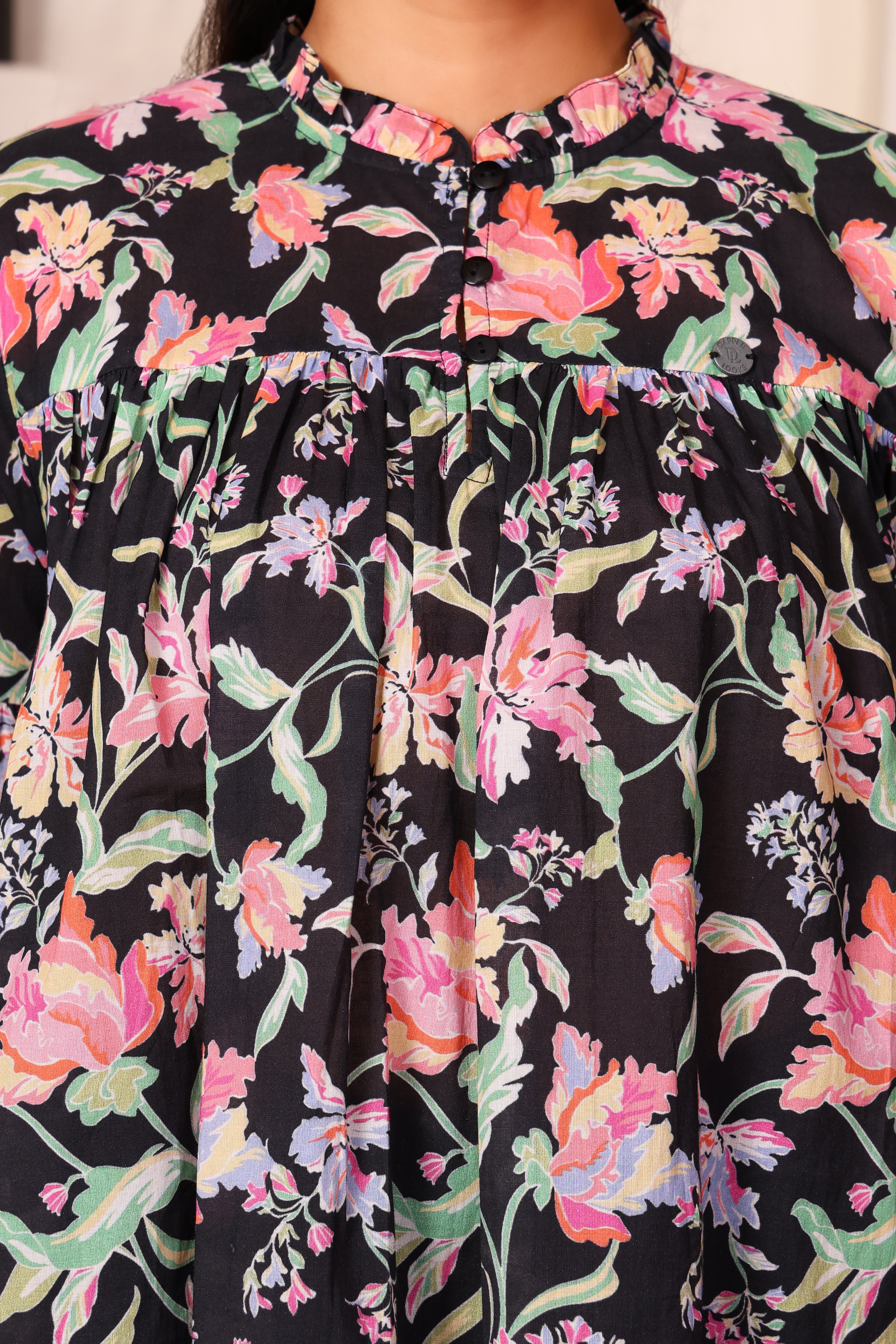 Women's Premium Cotton Ruffle Neck Puff Sleeve Floral Top