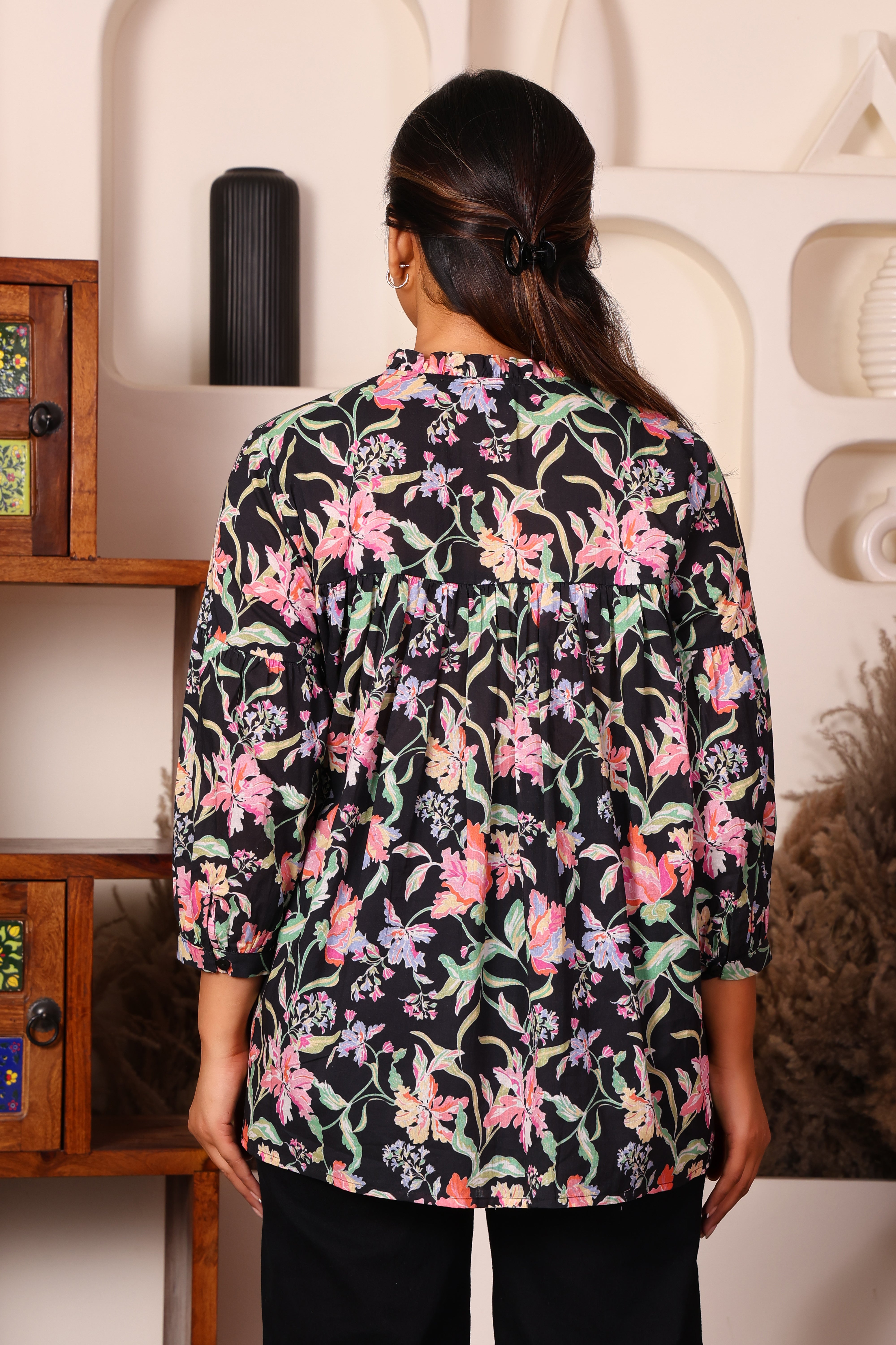 Women's Premium Cotton Ruffle Neck Puff Sleeve Floral Top