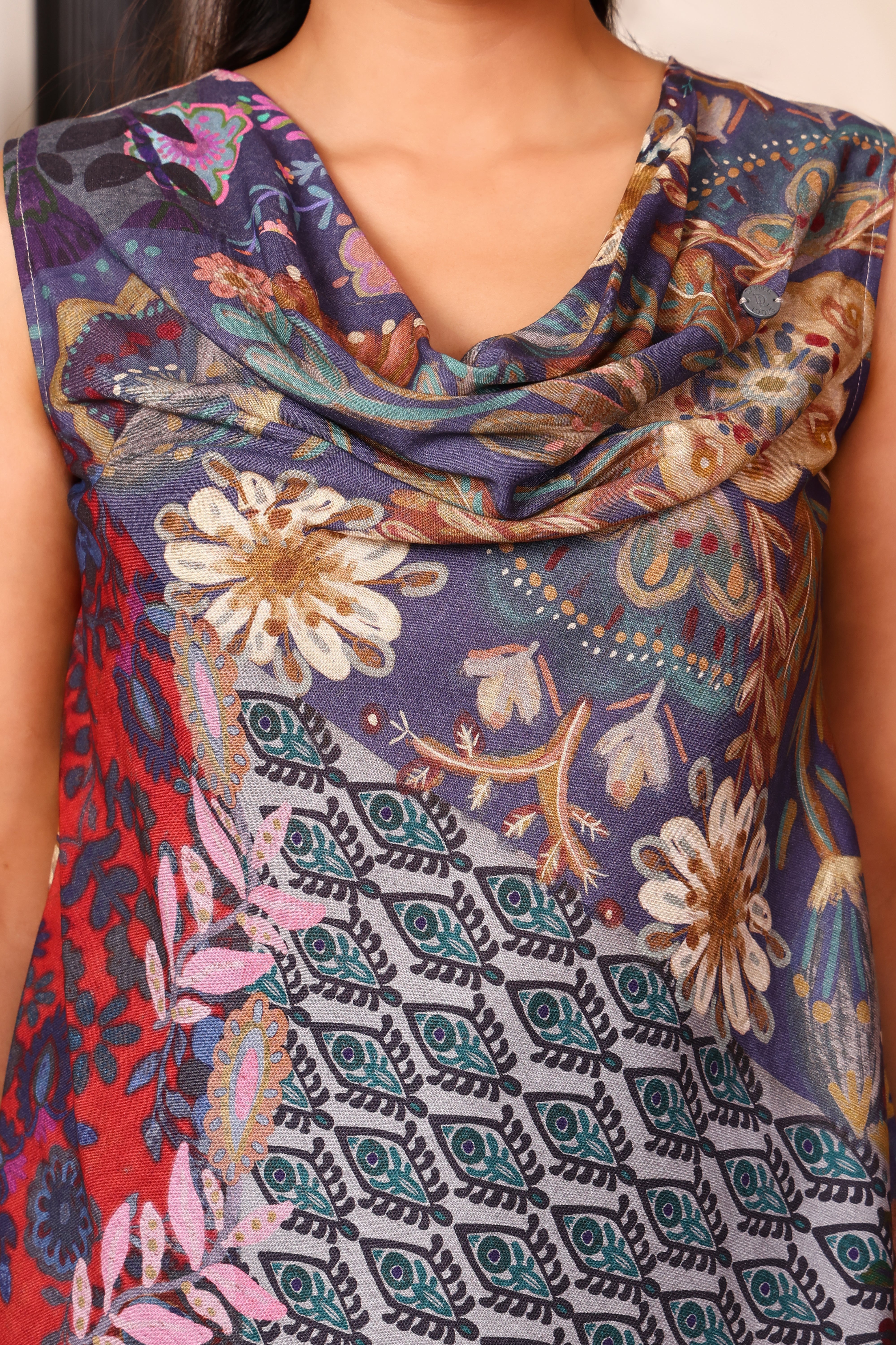Women's Premium 100% Cotton Cowl Neck Sleeveless Top (Multi-Print)