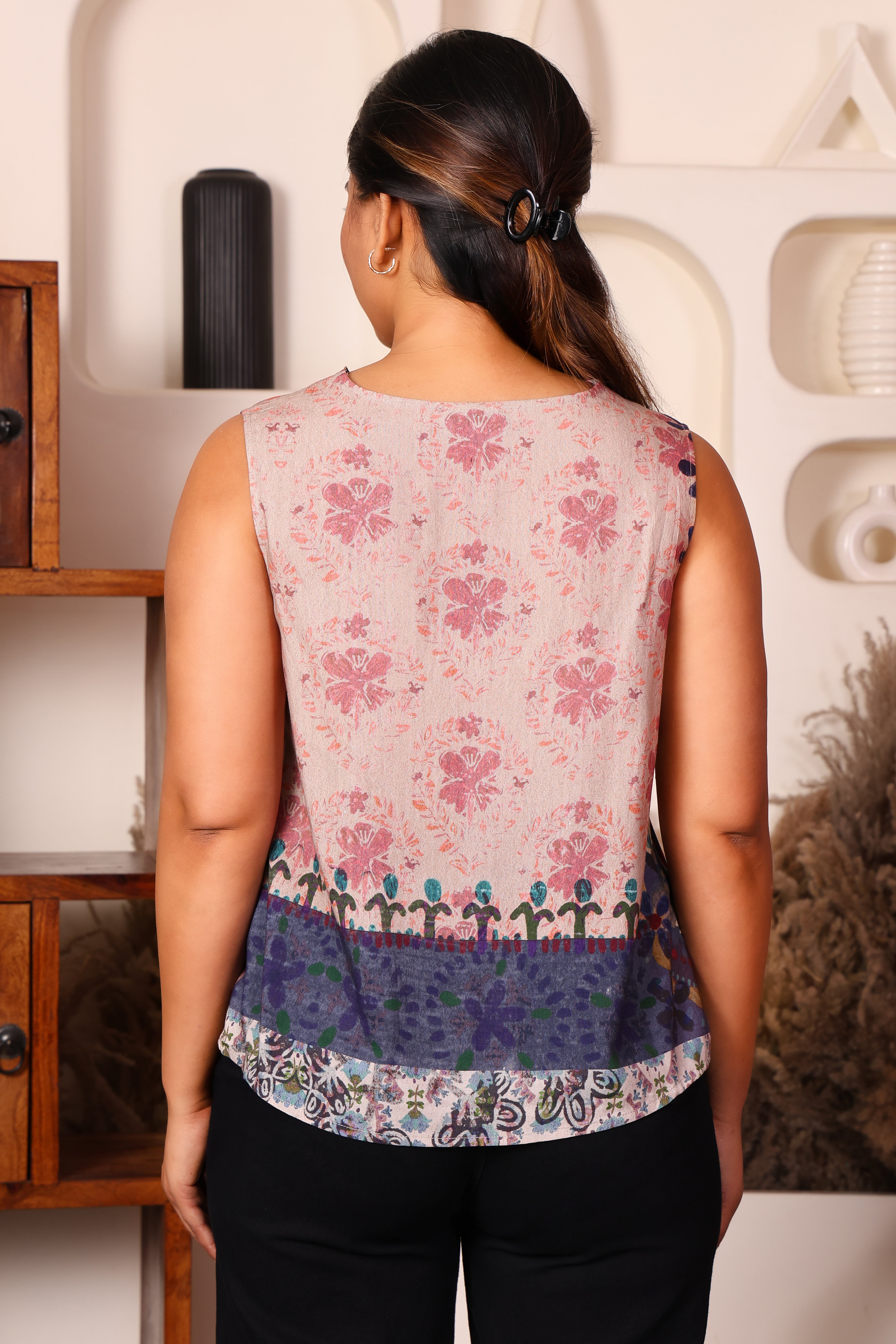 Women's Premium 100% Cotton Cowl Neck Sleeveless Top (Multi-Print)
