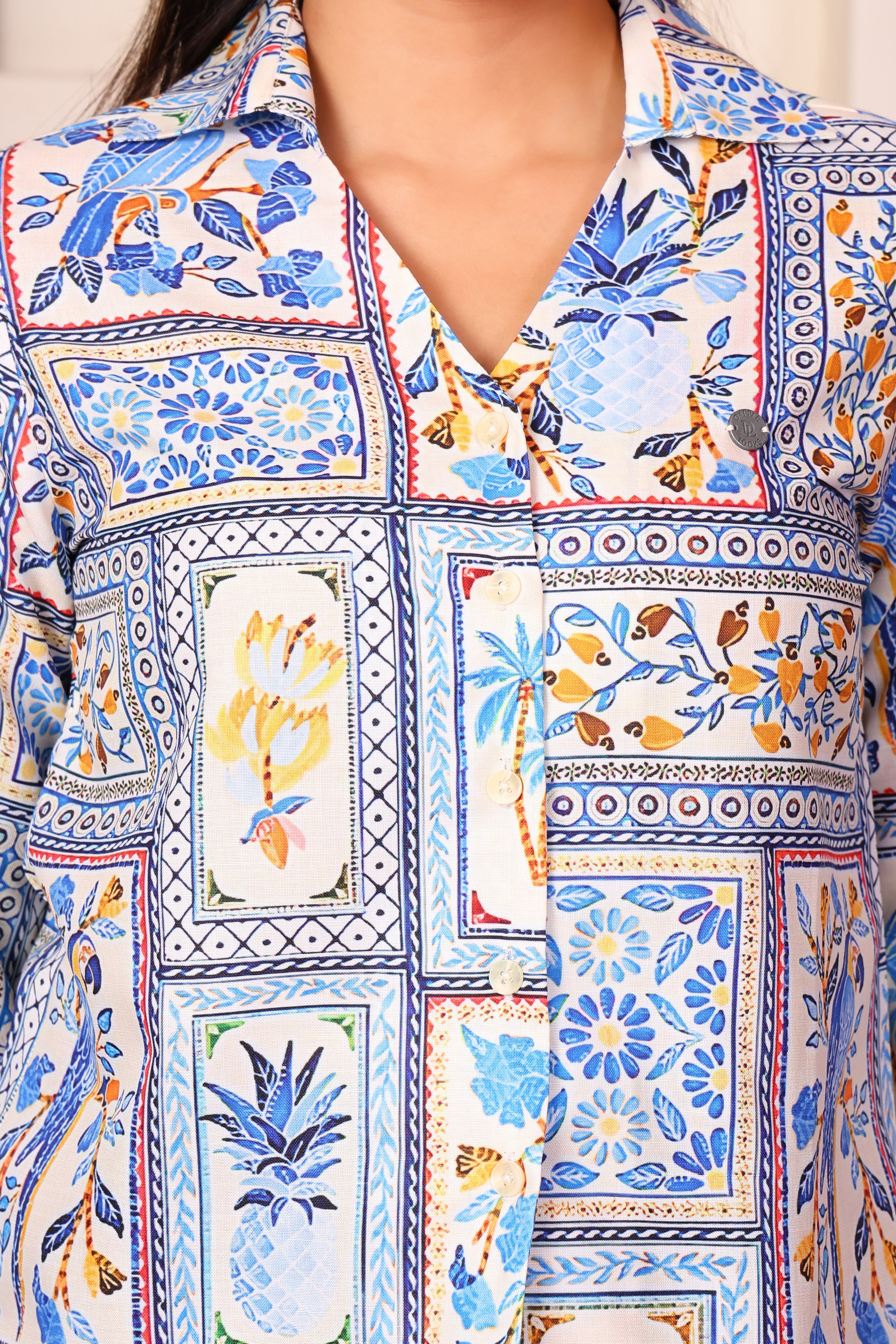 Women's Premium Cotton Long-Sleeve Collared Top (Artistic Box Print)