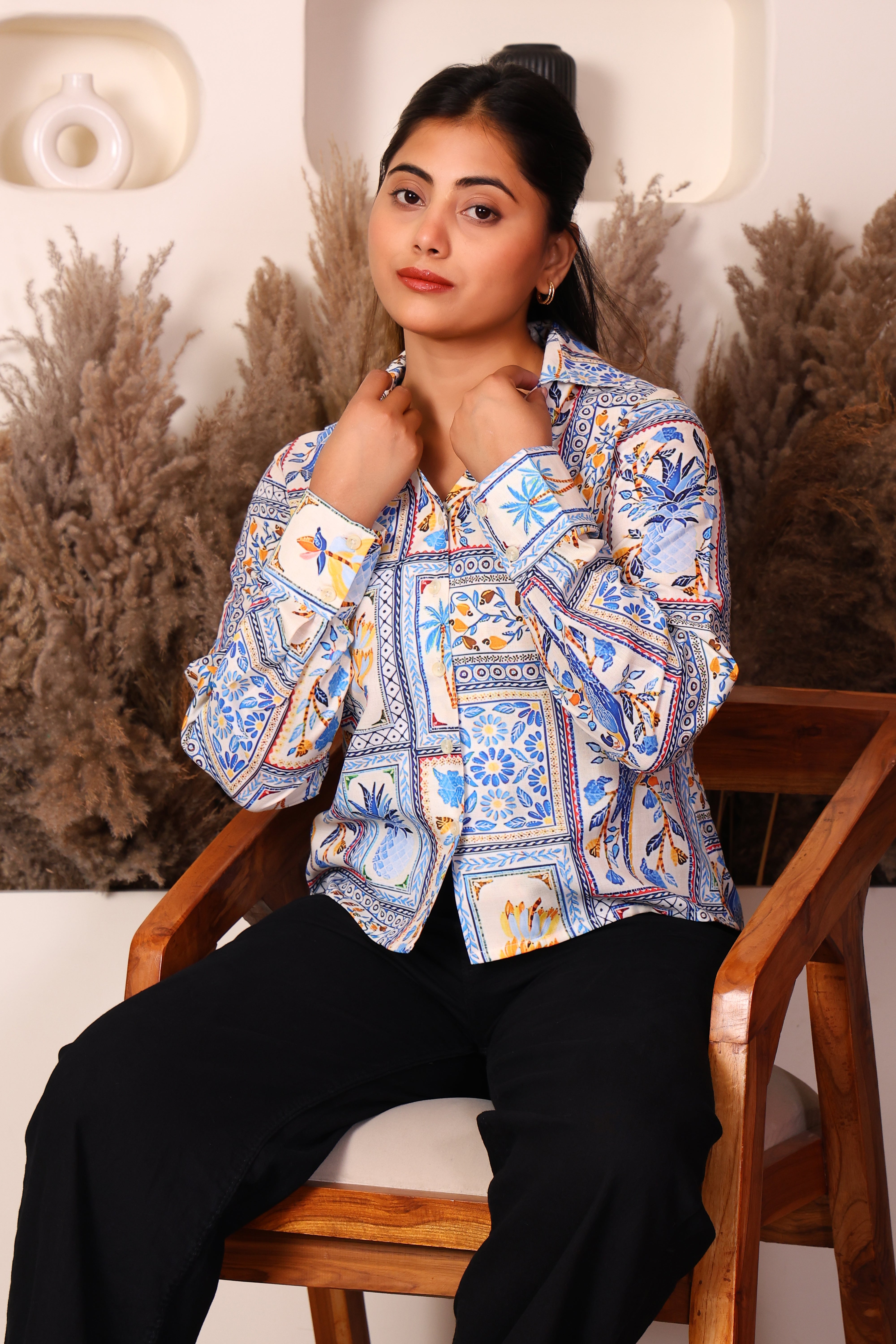 Women's Premium Cotton Long-Sleeve Collared Top (Artistic Box Print)
