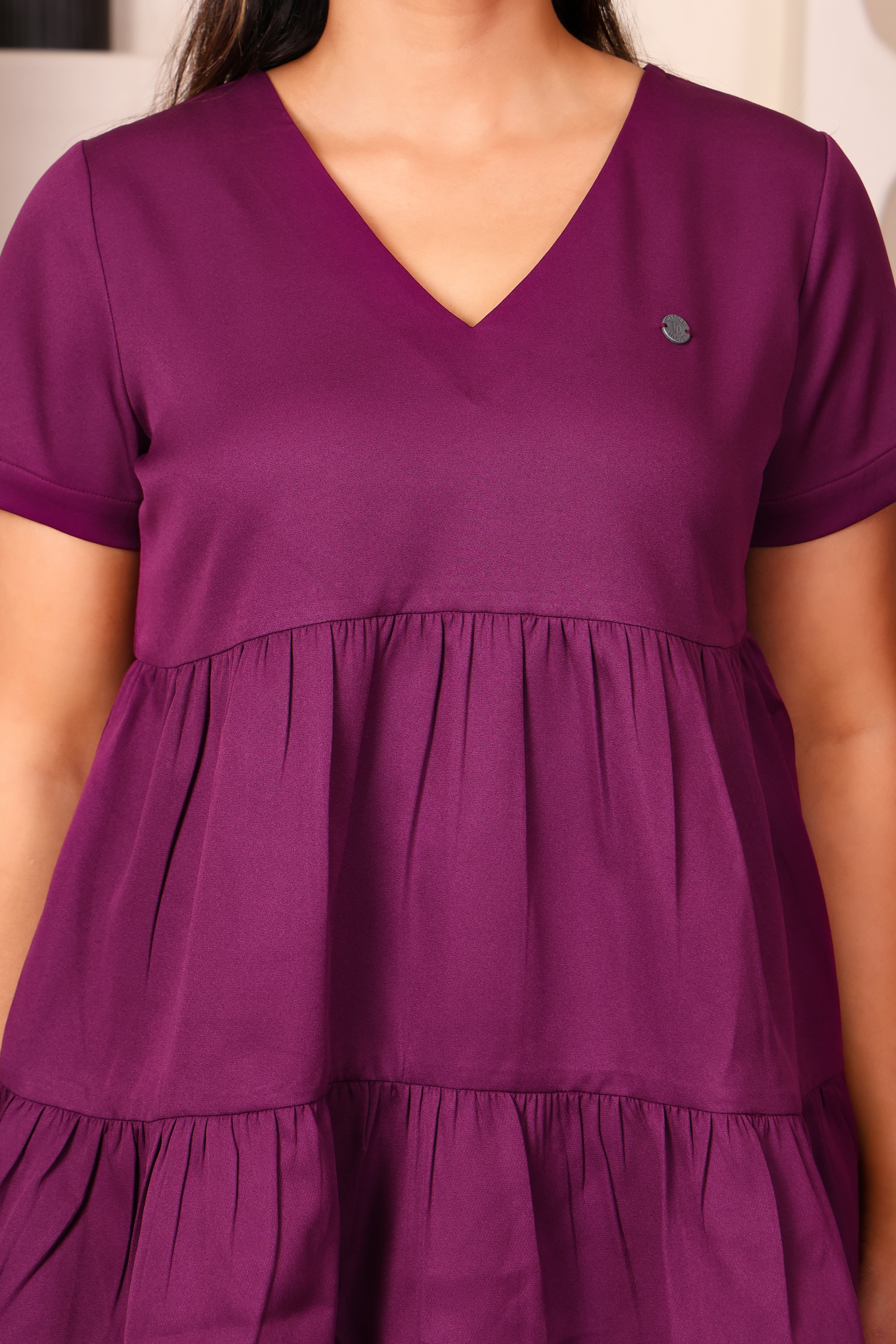 Women's Premium Maroon Fit & Flare Tiered V-Neck Top