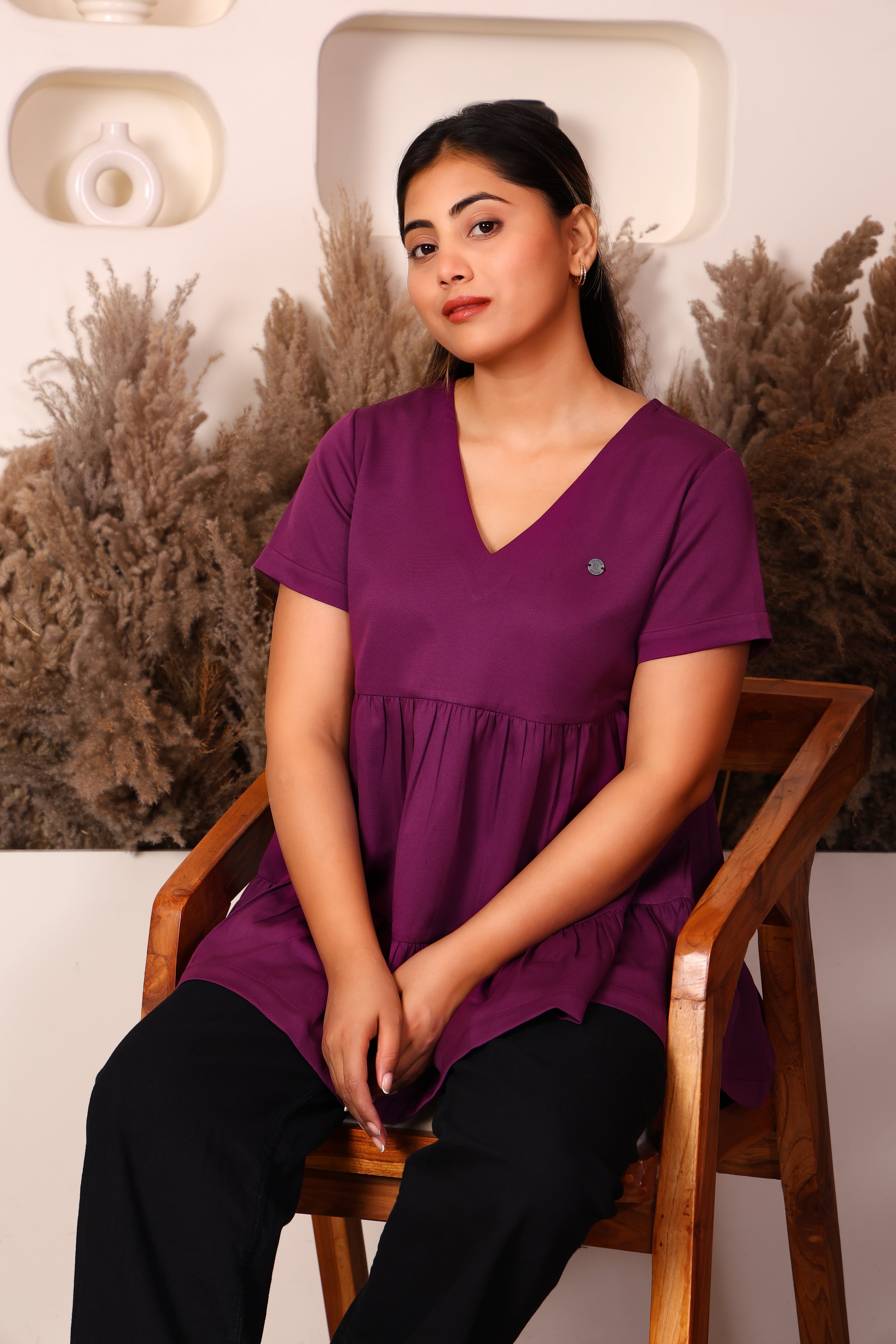 Women's Premium Maroon Fit & Flare Tiered V-Neck Top