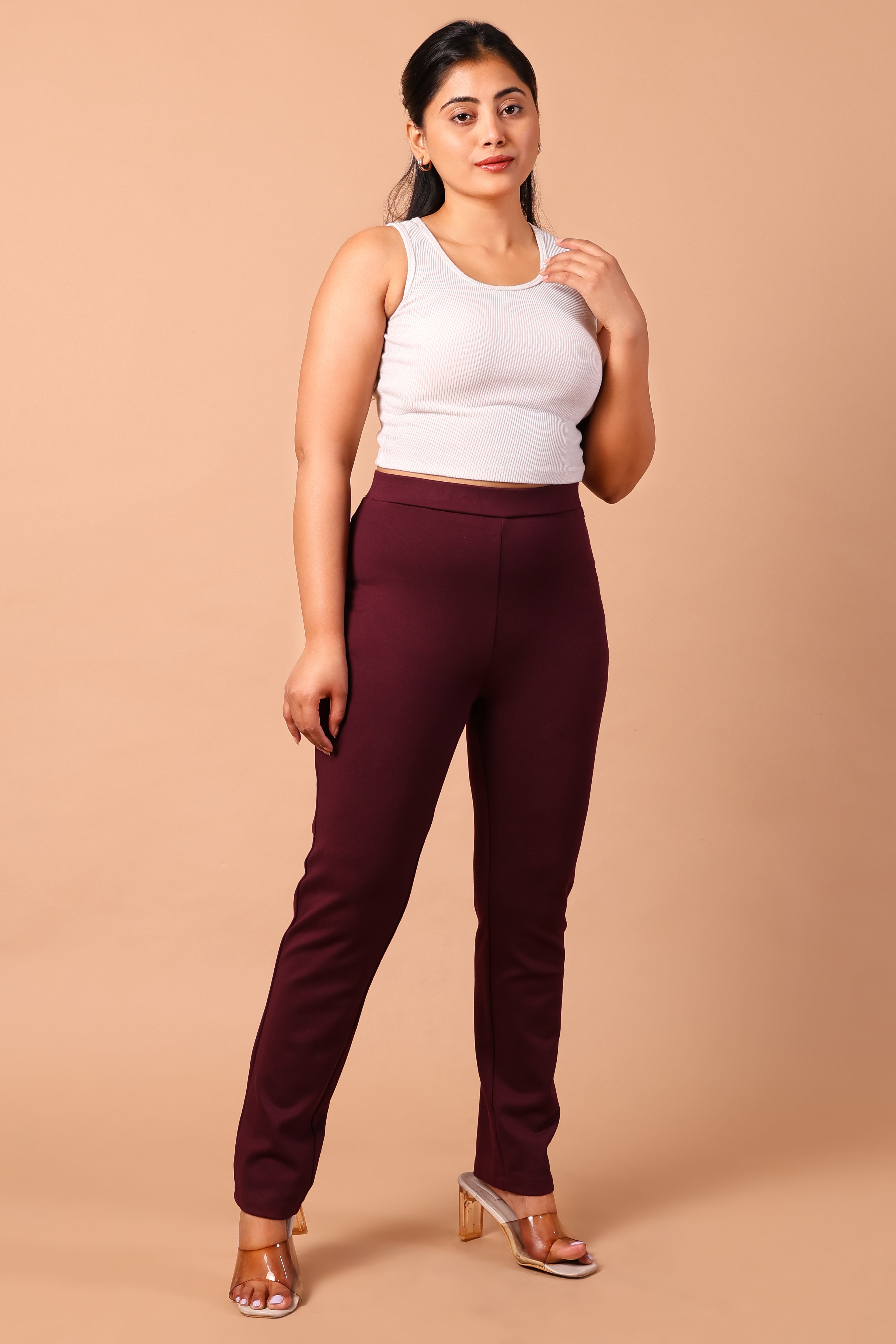 Women's Premium Knitted Mid-Rise 4-Way Stretch Formal Trousers (Wine)