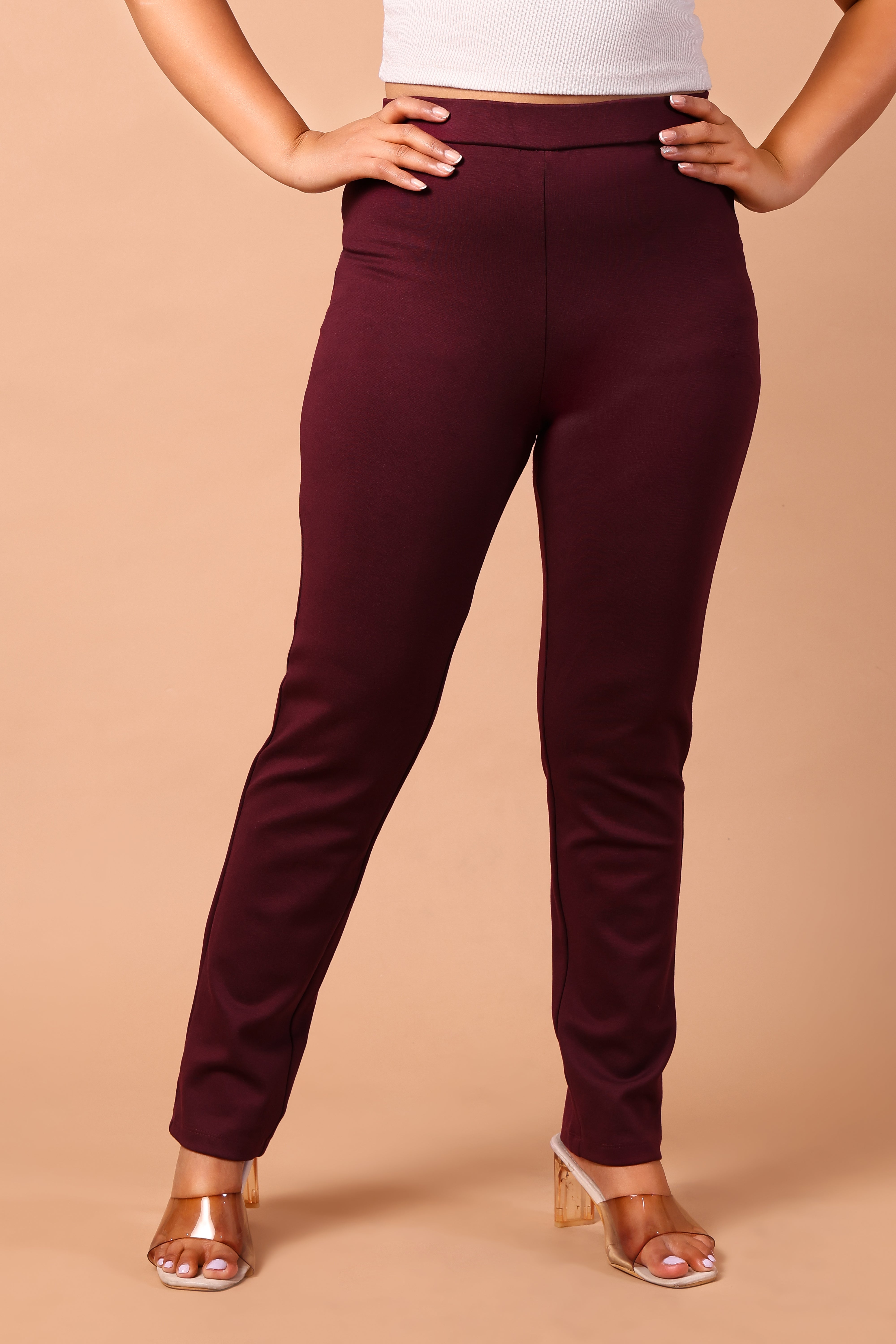 Women's Premium Knitted Mid-Rise 4-Way Stretch Formal Trousers (Wine)
