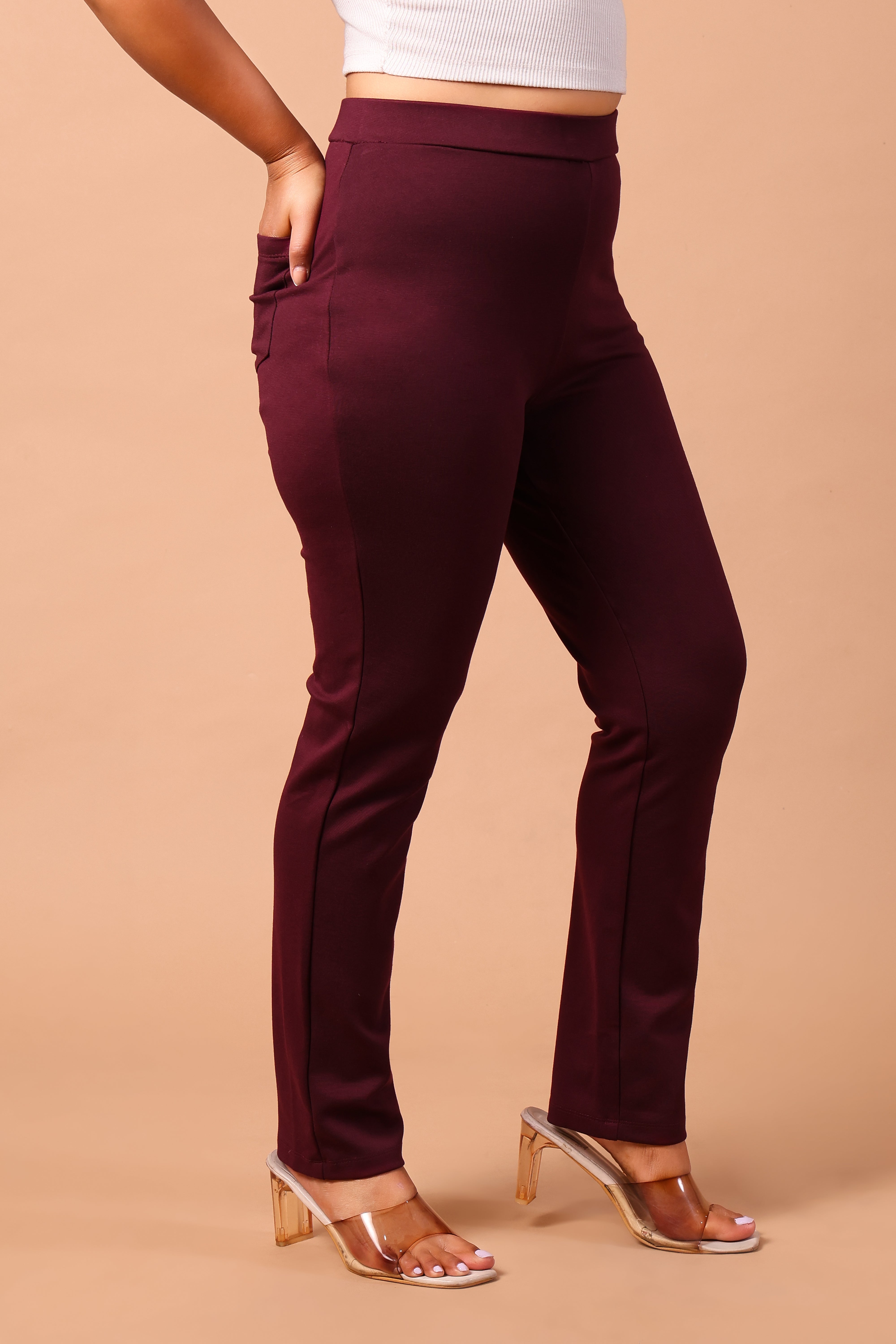 Women's Premium Knitted Mid-Rise 4-Way Stretch Formal Trousers (Wine)