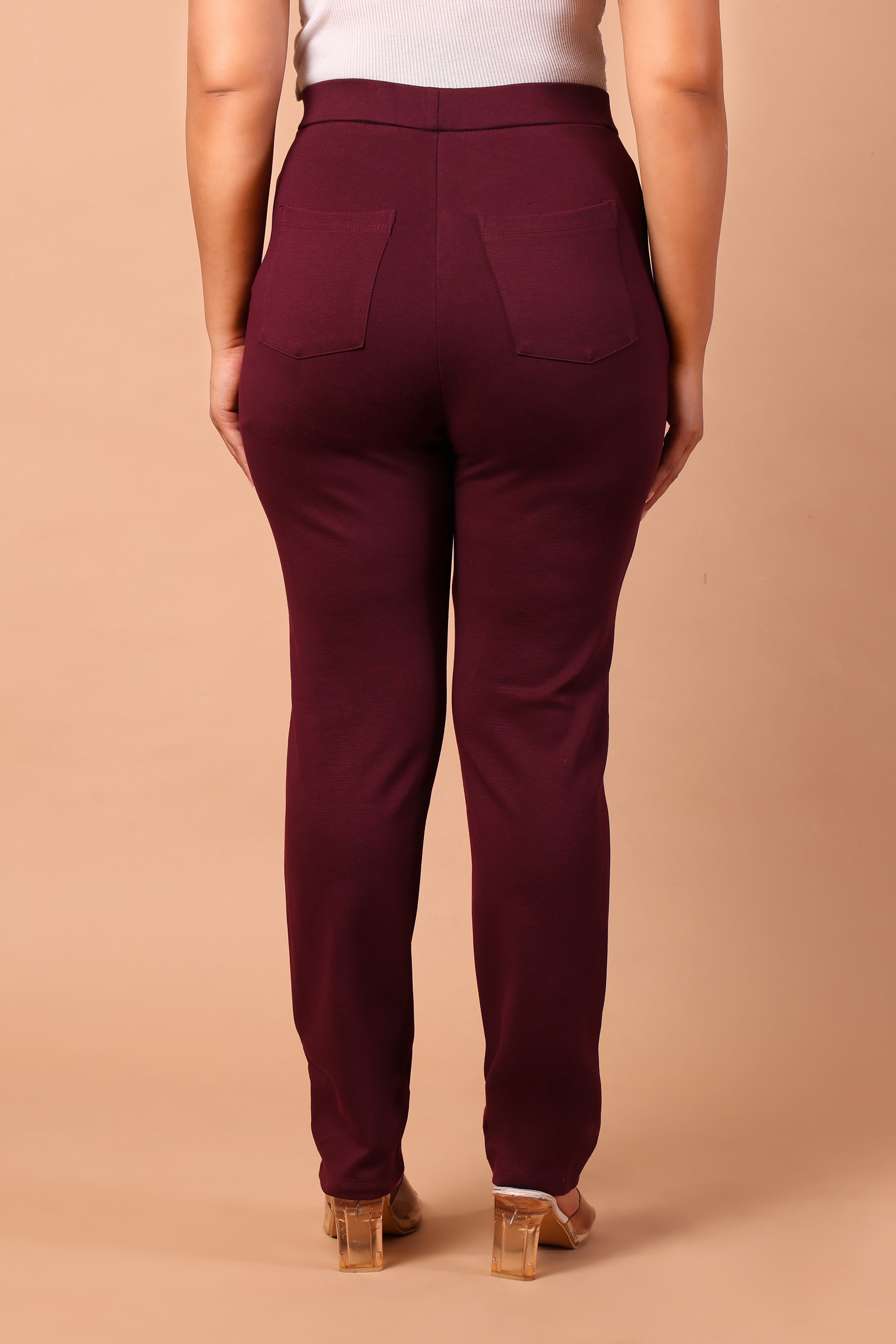 Women's Premium Knitted Mid-Rise 4-Way Stretch Formal Trousers (Wine)