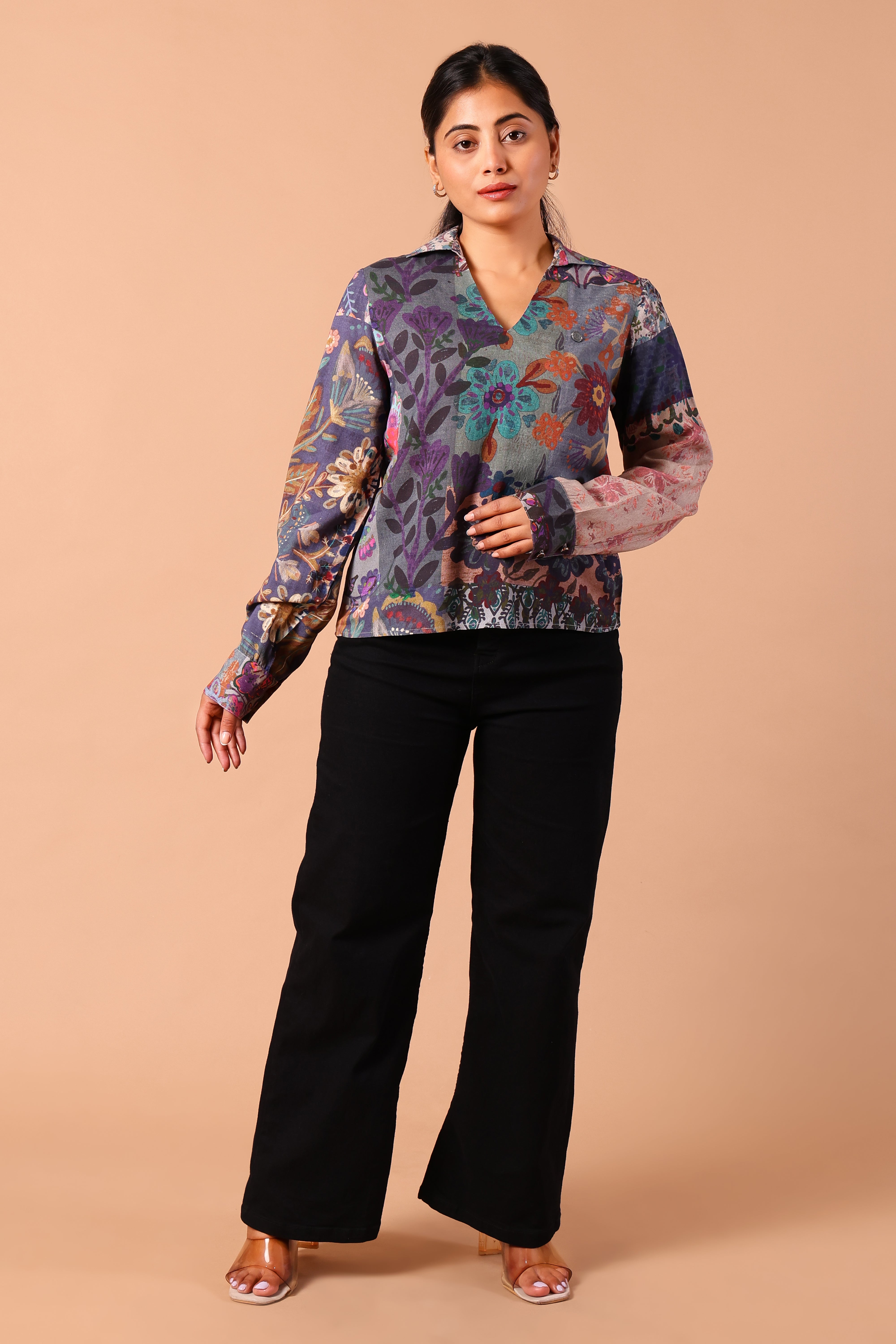 Women's Premium Rayon Long-Sleeve Formal Shirt-Style Top (Multi-Print)