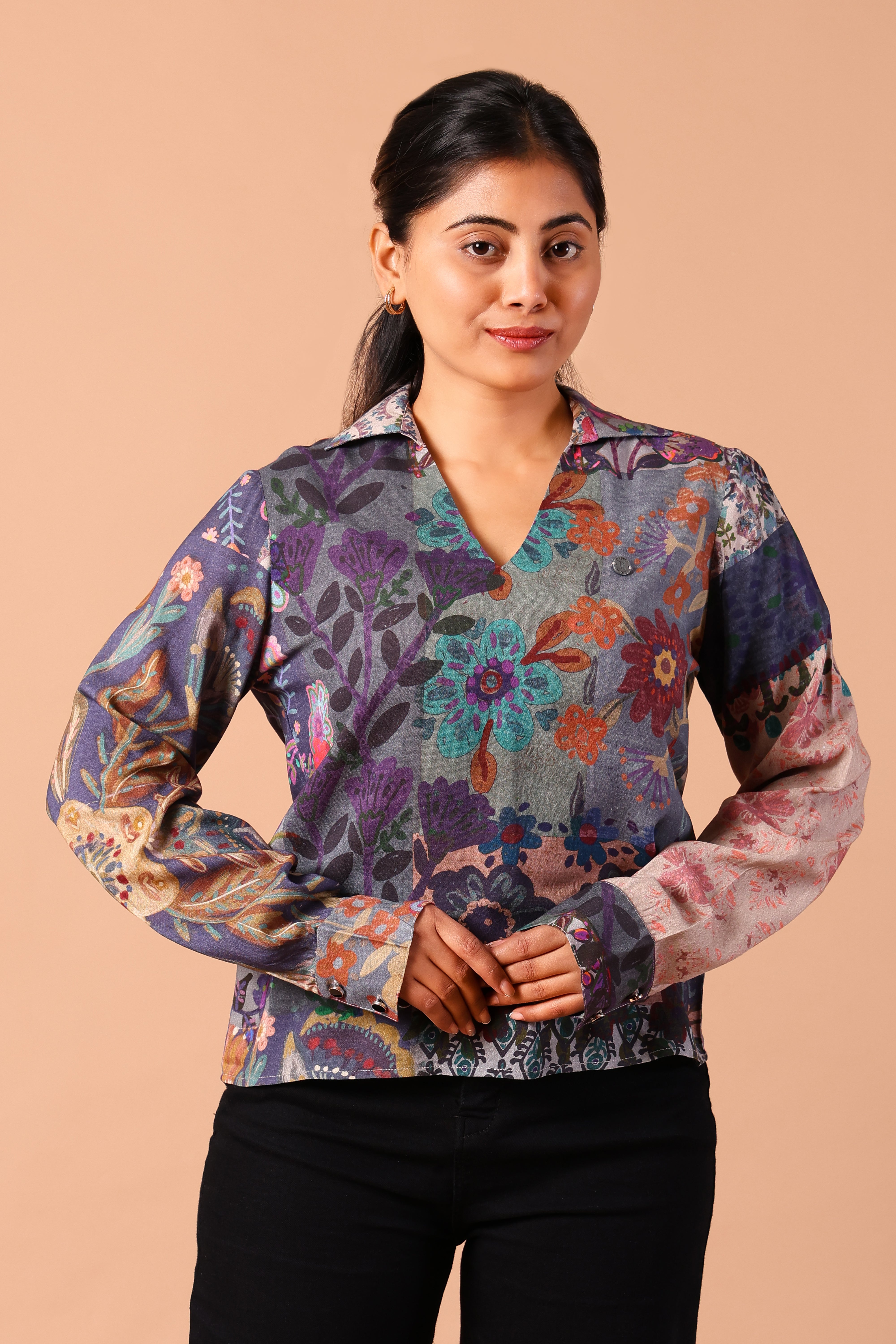 Women's Premium Rayon Long-Sleeve Formal Shirt-Style Top (Multi-Print)