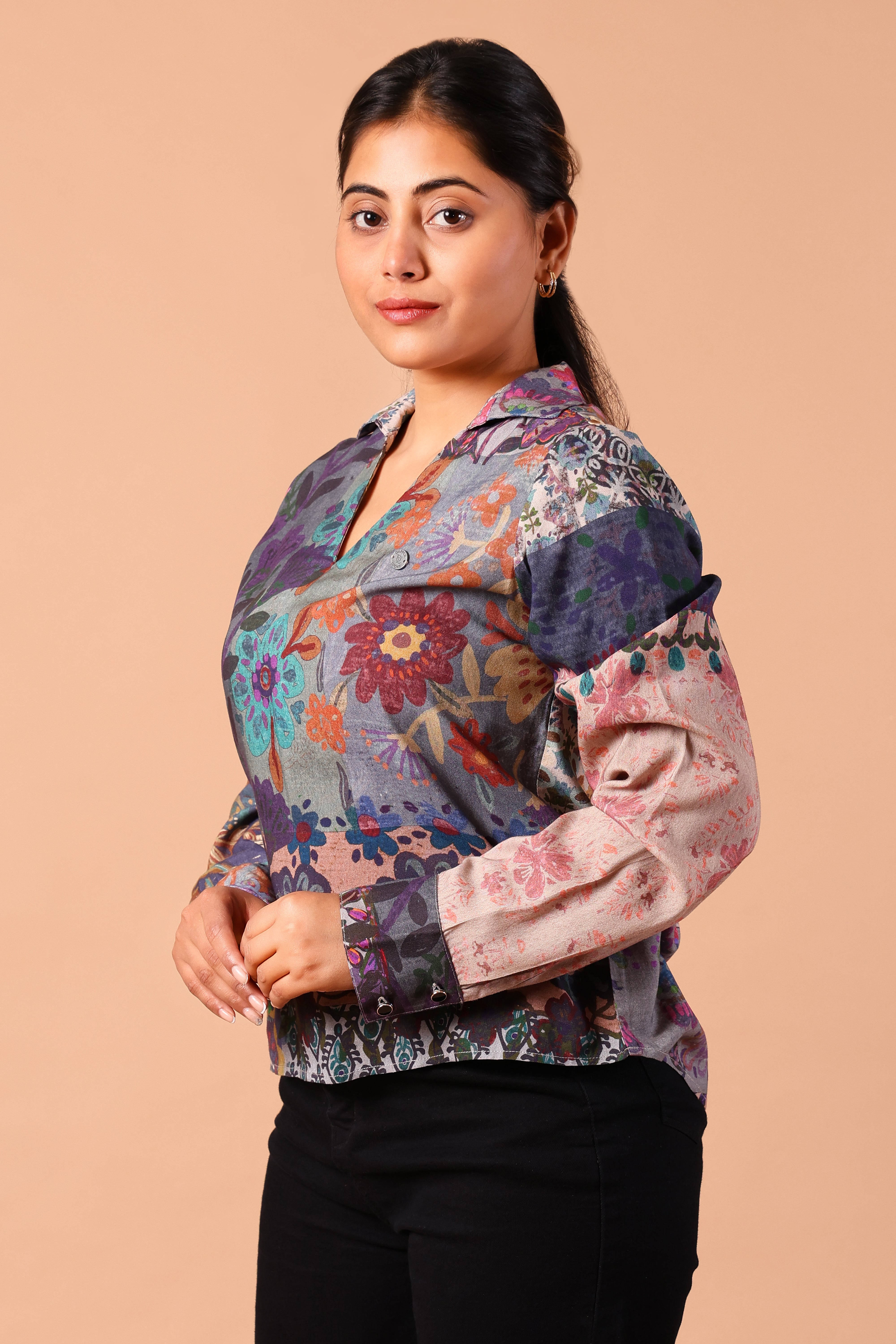Women's Premium Rayon Long-Sleeve Formal Shirt-Style Top (Multi-Print)